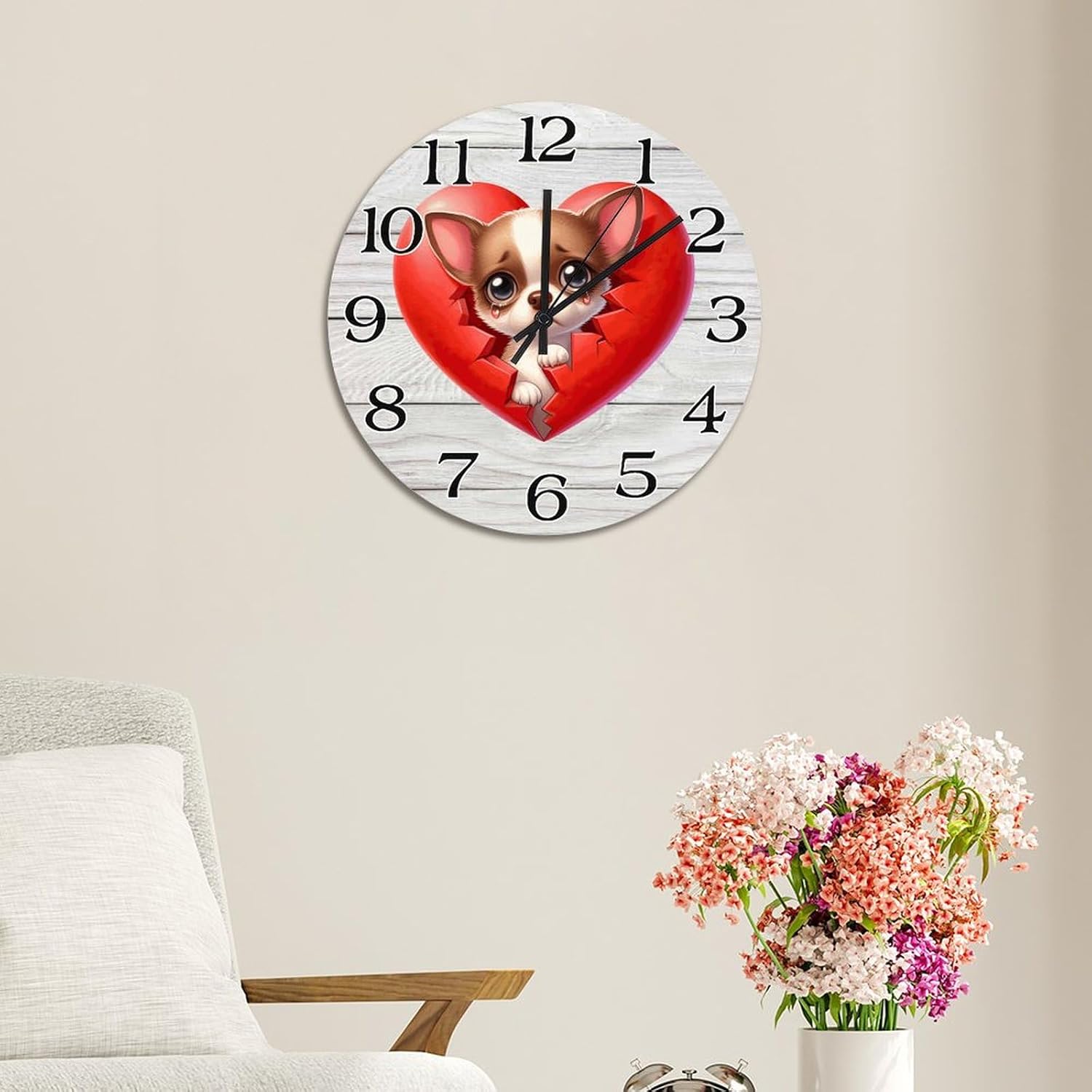 Red Heart Peeking Dog Chihuahua Wall Clocks 15x15 in Pet Dog Puppy Round Decorative Wood Wall Clock Retro Hanging Silent Wooden Wall Clock for Bedroom Kitchen Living Room Kid's Room Home Decor