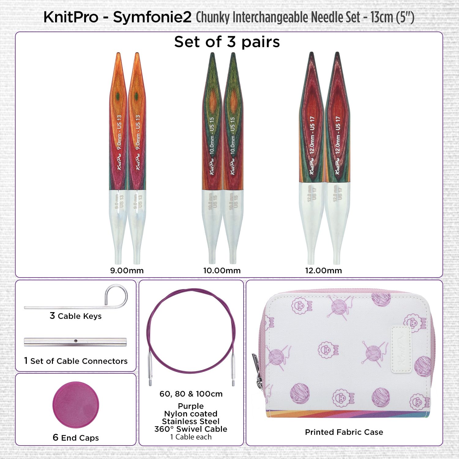KnitPro Symfonie - Set di 2 aghi intercambiabili da 13 cm, 3 misure (da 9 mm a 12 mm)