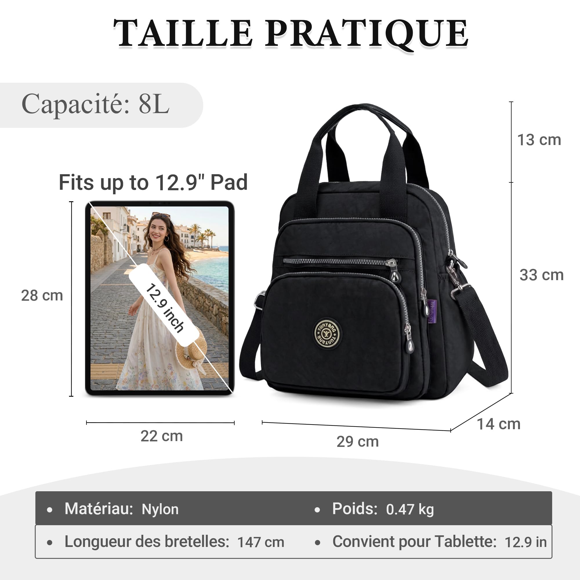 DIRRONA Sac à Bandoulière Sac à Dos Femme Mode Sac Femme Léger Voyager Sac Bandoulière Imperméable Multi Poches Nylon Sac à Main Femmes Du Quotidien Décontracté Sac Noir