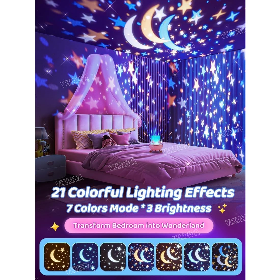 VikriDA Night Light Rabbit Sky Projector for Kids – 360° Rotating Lamp with 6 Films, 5 Colours and 1200mAh Rechargeable Battery - Image 3 thumbnail