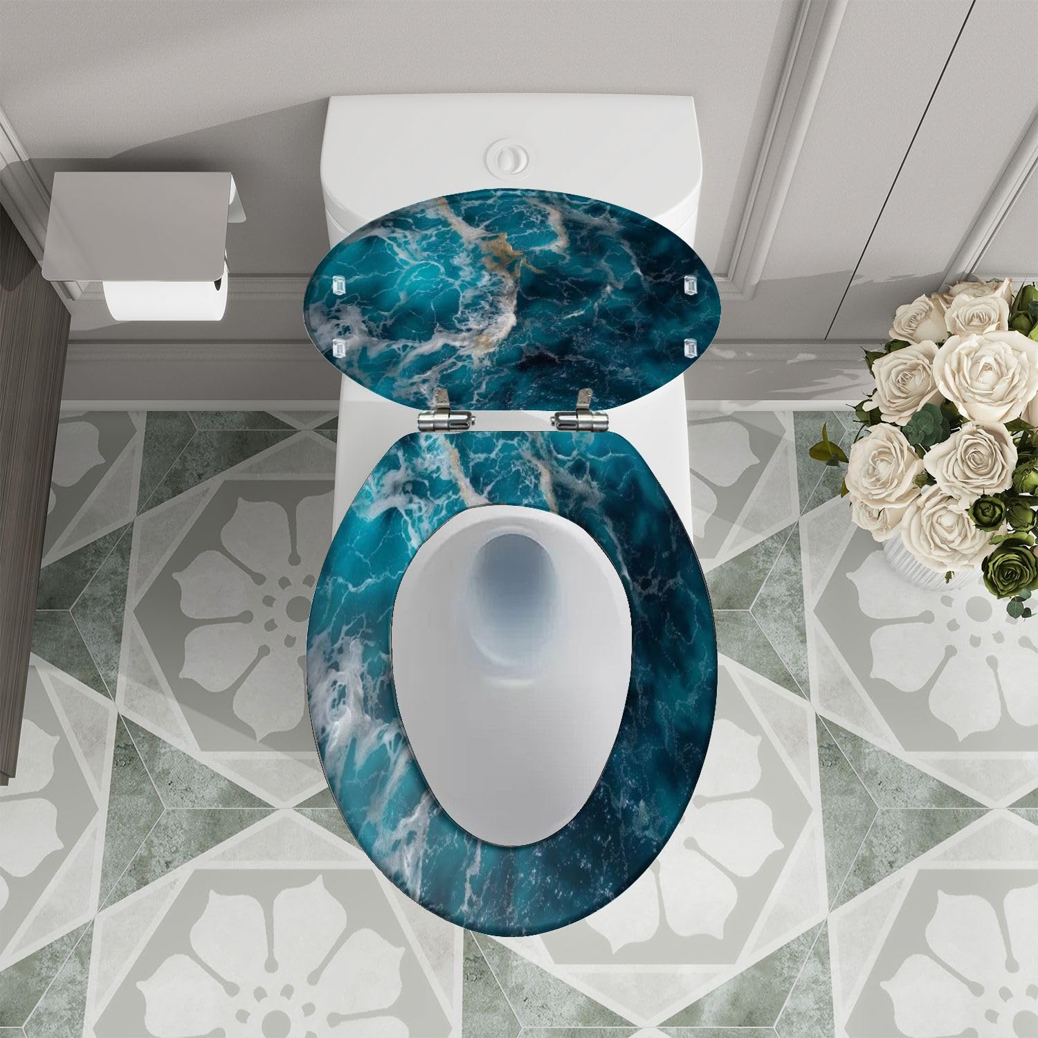Asiento de inodoro alargado de resina blanca con efecto mármol para baño