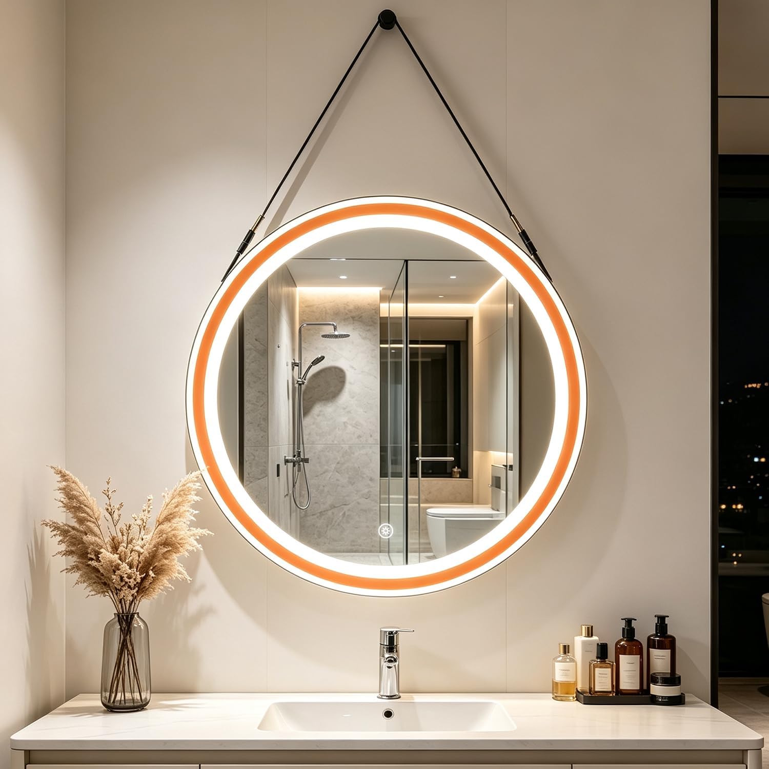 Round LED Lighted Wall Mirror with Belt Hanging Strap, Touch Control, Circular Vanity Mirror for Bathroom (Black Orange)