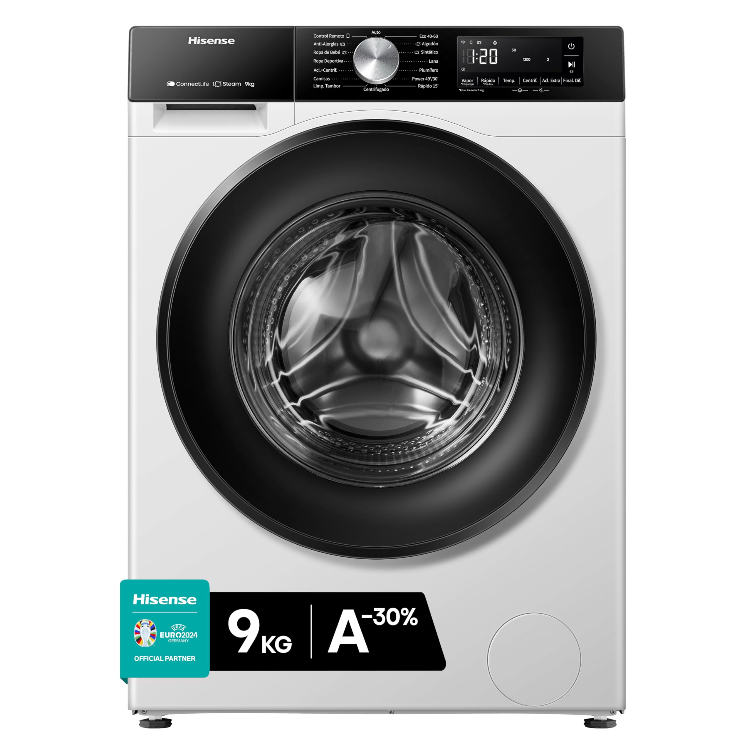 Hisense WF3S9043BW3, Lavadora, 9 Kg, Class A-30%/D, 1400 RPM, Ancho 60 cm, 14 Programas, Blanco
