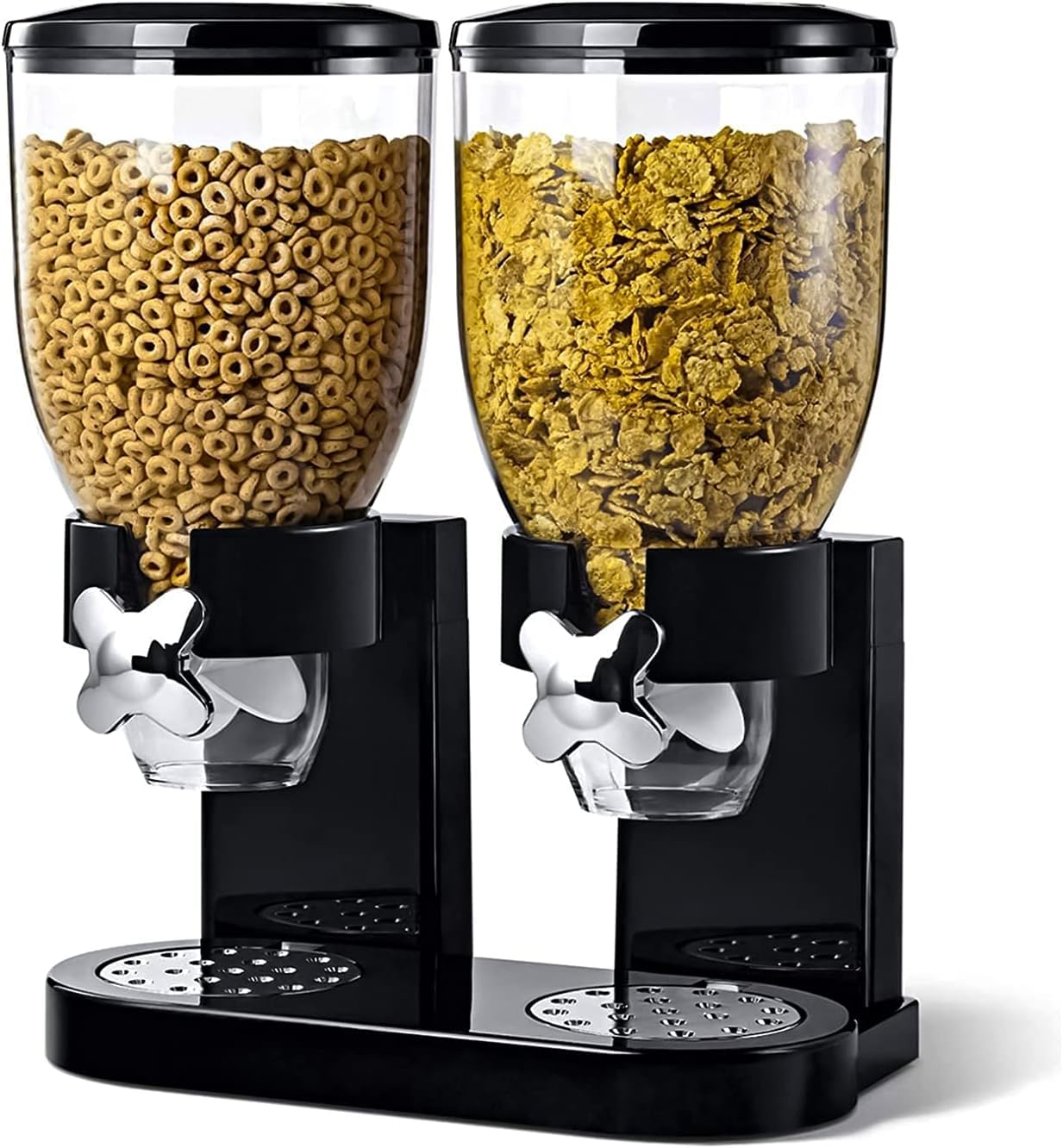Double Cereal Dispenser Classic Dry Food Double Canister, Dry Food Dispenser Control Storage Container, Great for Cornflakes, candy, nuts, beans, granola - Kitchen Storage Dispenser, Black