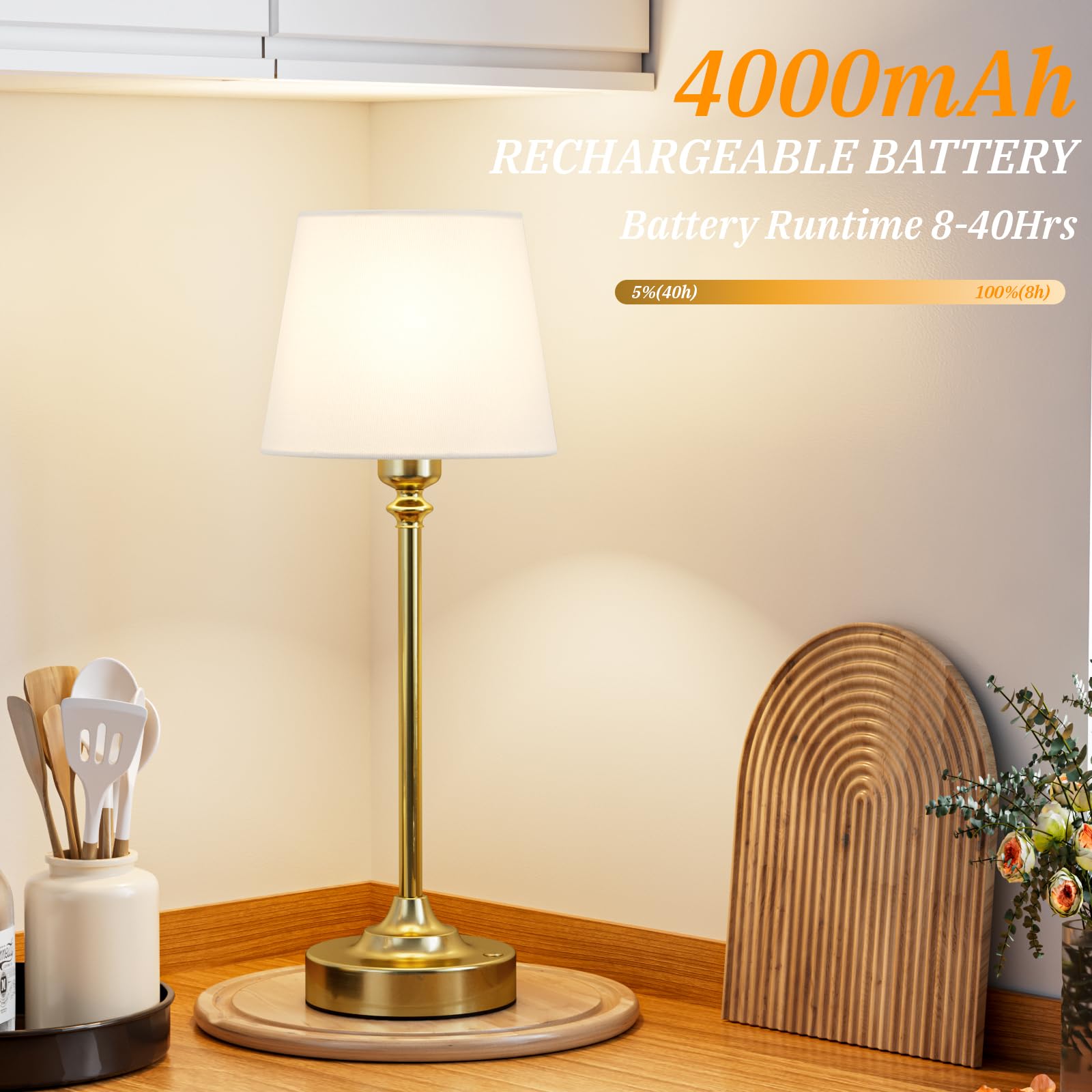 Tischlampe Kabellos 2er Set, Touch LED Nachttischlampe Akku, Stufenlos Dimmbar, Weißer Leinenschirm, Wiederaufladbar Lampe mit USB-C Anschluss für Nachttisch Esszimmer Wohnzimmer(Messing)