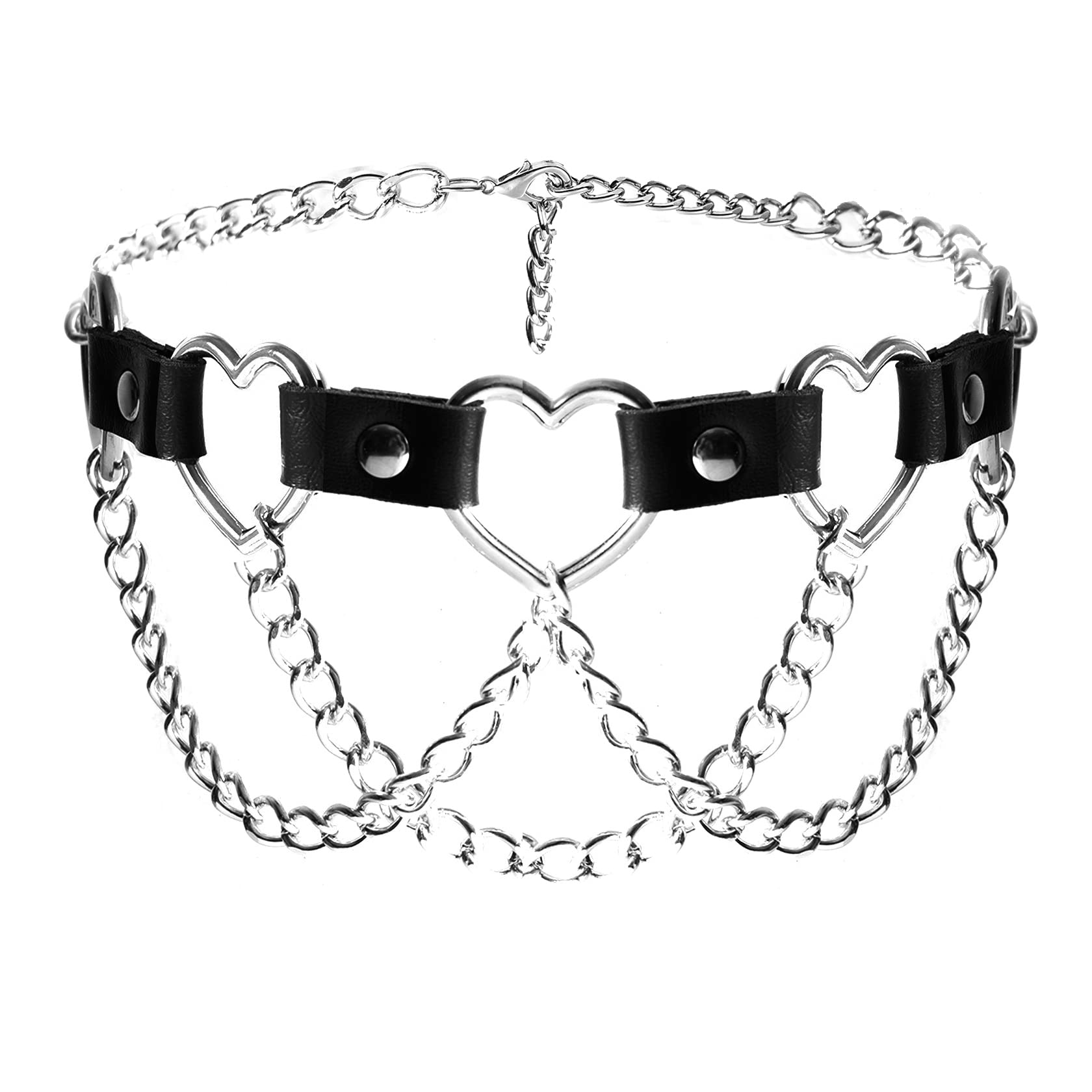 Collare Gotico In Pelle Con Catene E Cuore | Girocollo Regolabile Per Donne - 3