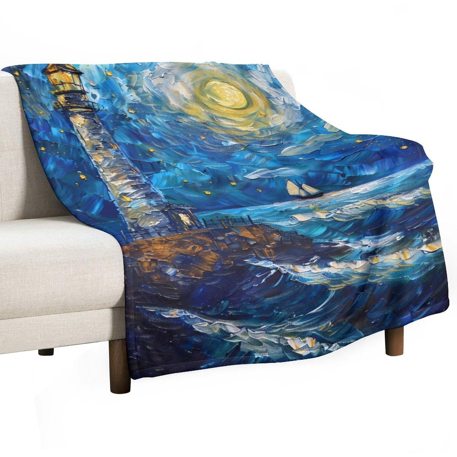 YHGSREUOH Starry Night Style Lighthouse Ocean 03 Flannel Blankets Fleece Soft Throw Lightweight Plush Gifts for Couch, Bed, Cozy Sofa Plush, Chair, Lovers 130x175cm(50x70in)