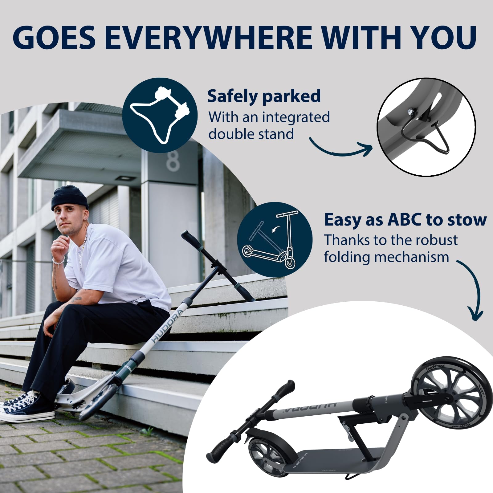 HUDORA BigWheel 230 Advanced Scooter – stabilna hulajnoga aluminiowa o wadze do 120 kg – cicha i składana hulajnoga miejska ze stojakiem i dzwonkiem – hulajnoga dla dzieci/młodzieży i dorosłych