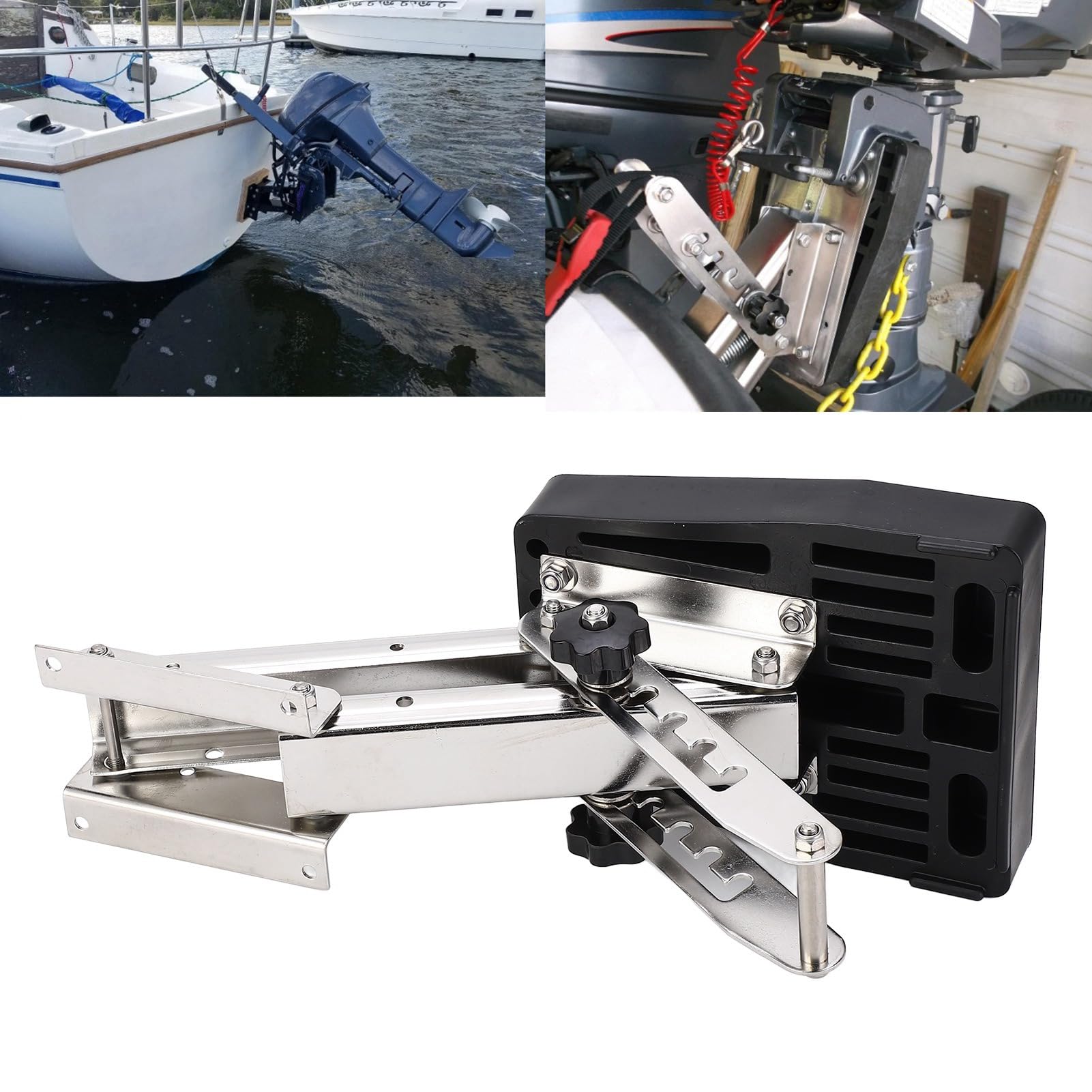 Tissting Bootsmotor Halterung Bracket Edelstahl 25PS 50kg für 2 Takt Außenbordmotor, universelle Motorhalterung für Außenborder mit 5 verstellbaren Positionen und Federunterstützun