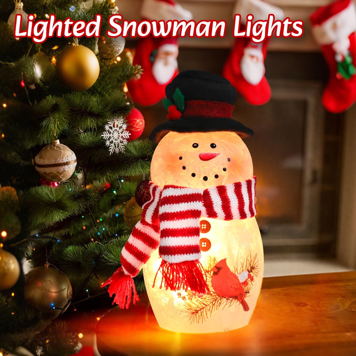 Afirst Lighted Christmas Snowman Decoration, 12 inch Crackle Glass Figurine, Pre-Lit Holiday Table Lamp with Cardinal Design