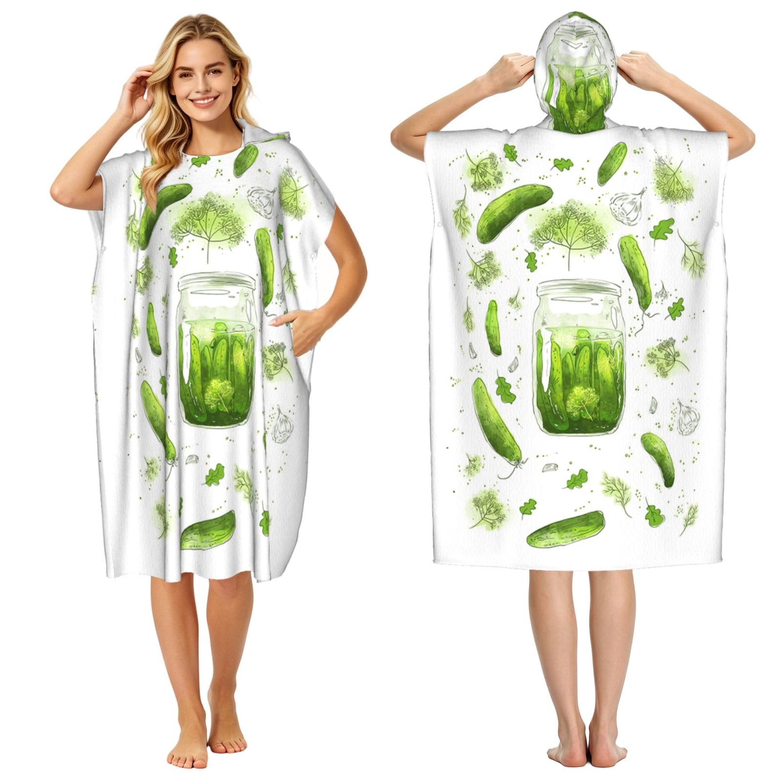 Poadnly Cucumber Pickle, Adult Hooded Beach Towel 90 x 110 cm,Changing Bath Robe, Surf Poncho Towel For Women Men