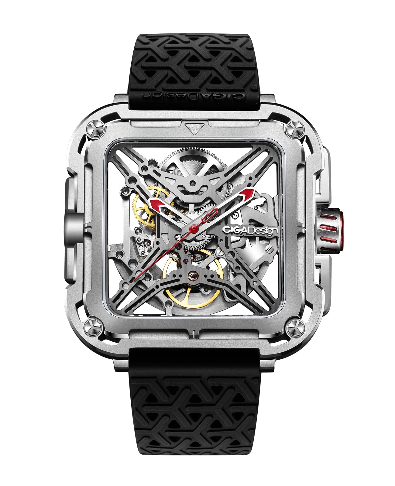 CIGA Design Automatic Mechanical Watch, Luxury Skeleton Square Business Dress Watch, Stainless Steel/Titanium Case with Silicone Strap, Gift for Men and Women