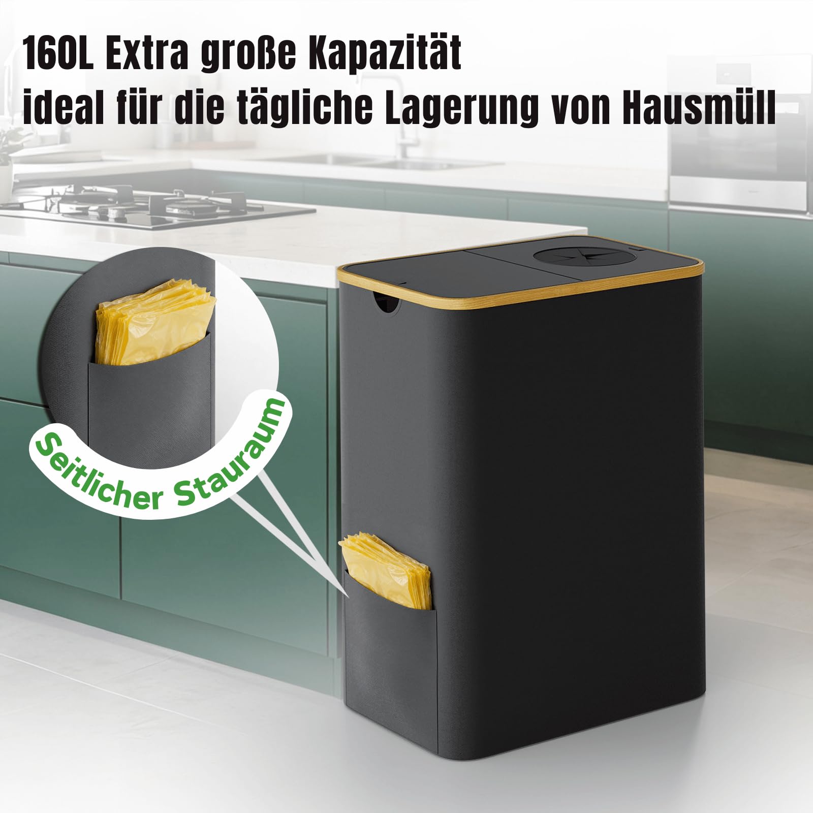 RMAN® 160L Gelber Sack Ständer Mülleimer 2 Fächer Wasserdicht Faltbar 2-in-1 Groß Müllsackständer mit 10 Gelber Müllsäcke Schwarz
