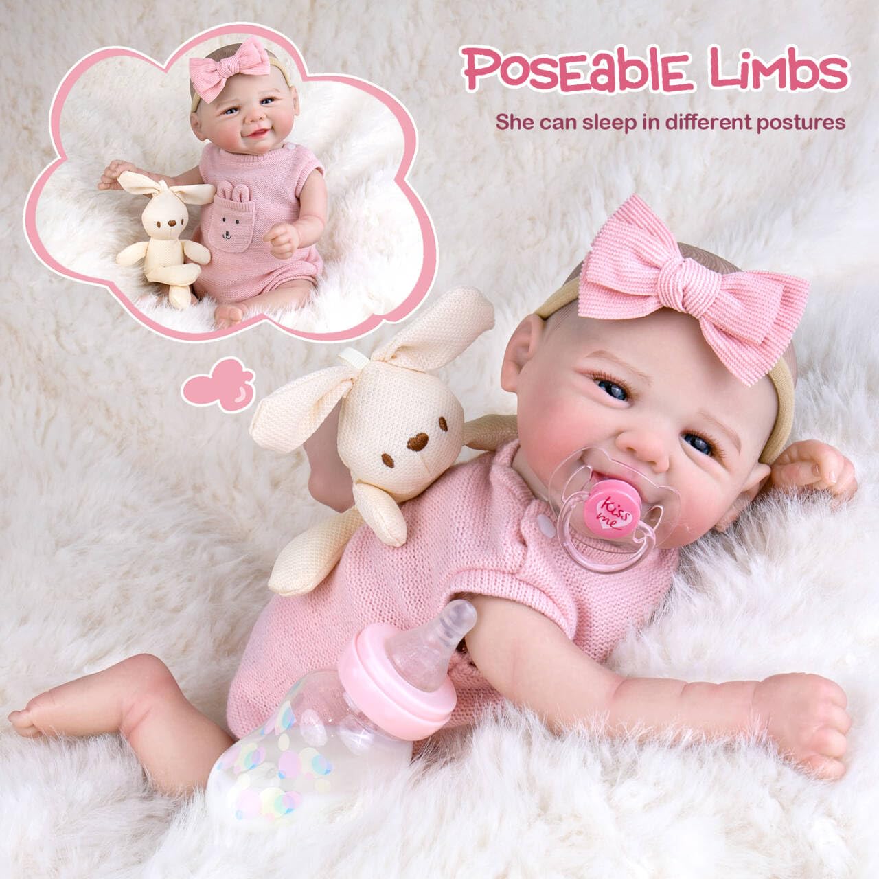 UOFTKIZ Bambola realistica neonato 50,8 cm con coniglio rosa