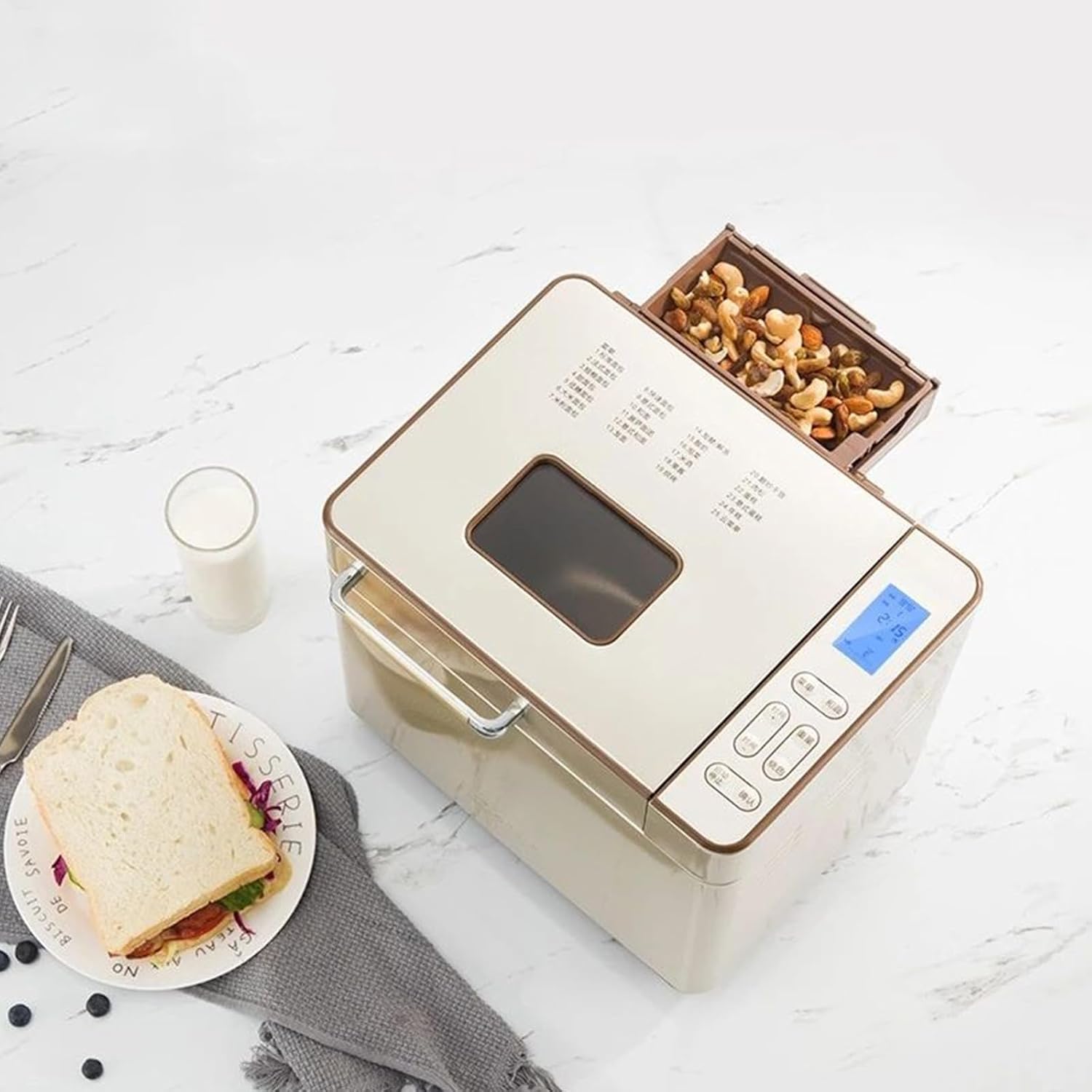 Bread maker with automatic fruit and nut dispenser open