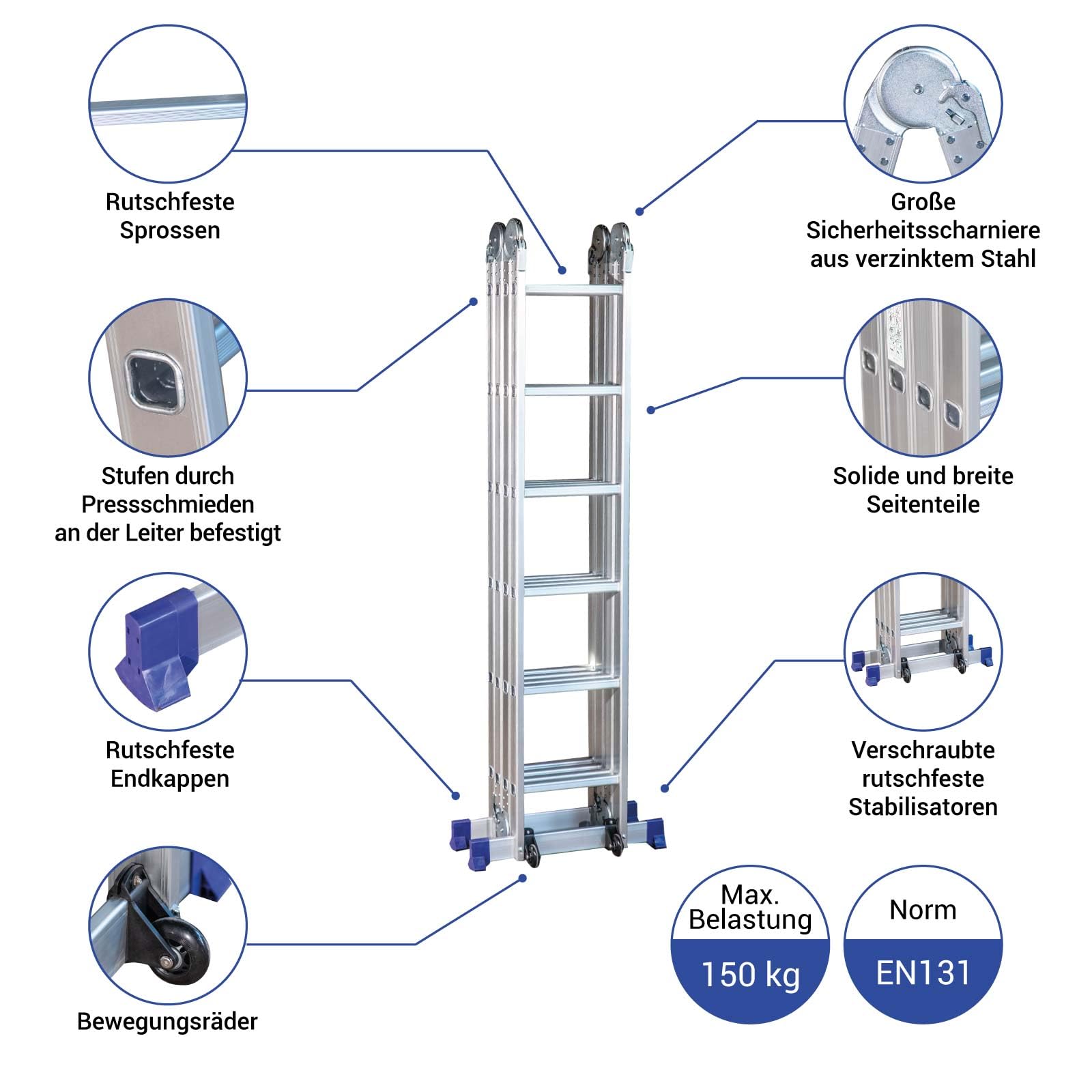 Gelenkleiter Stavalance 4x6 Aluminium Multifunktionsleiter 4x6 Stufen - 6,8 m Länge klappbar - Leiter 4-teilig bis 150 kg - Gelenkleiter Klappleiter Stehleiter Aluleiter