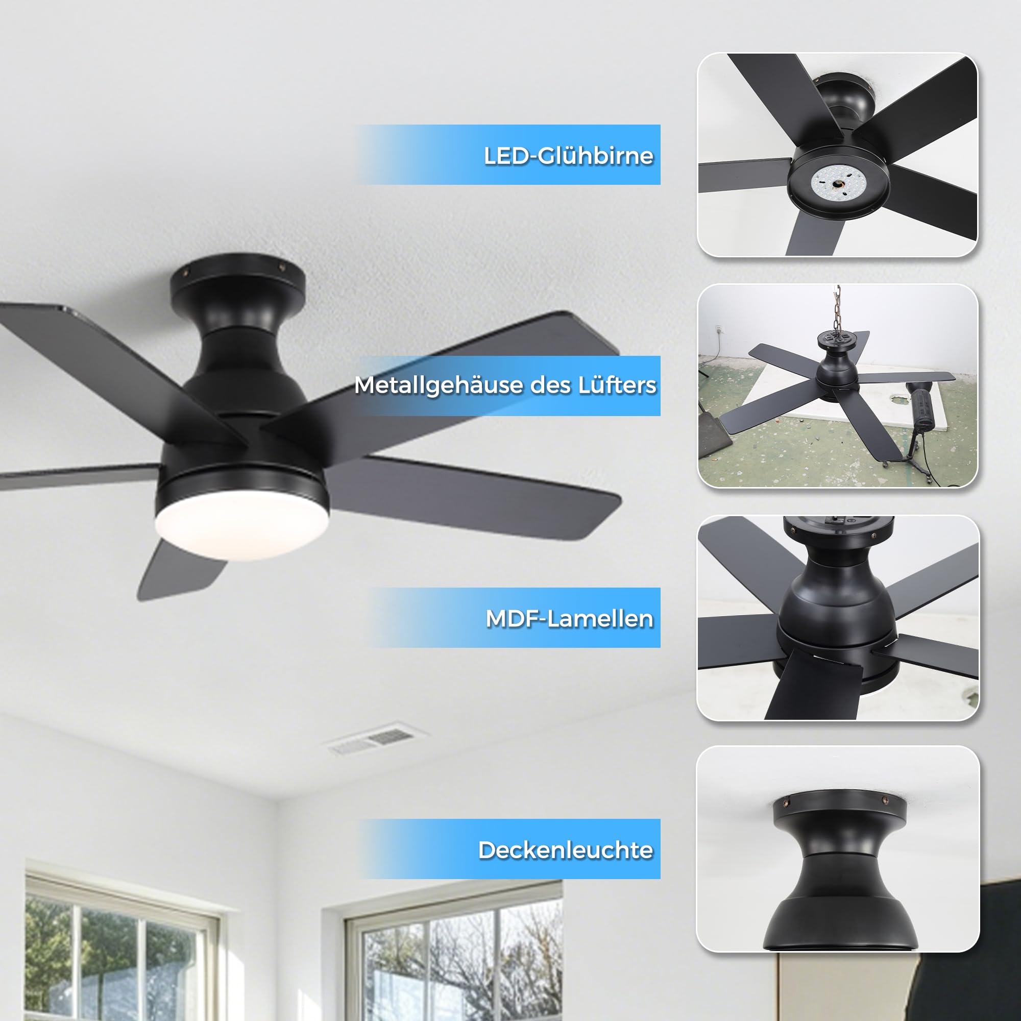 OZENAOS Deckenventilator mit Beleuchtung 112 cm, Leiser 33W DC Motor Ventilator Deckenlampe mit Fernbedienung, 6 Windstufen & Timer, LED Dimmbar 3000-6000K,1700LM, für Wohnzimmer Schlafzimmer
