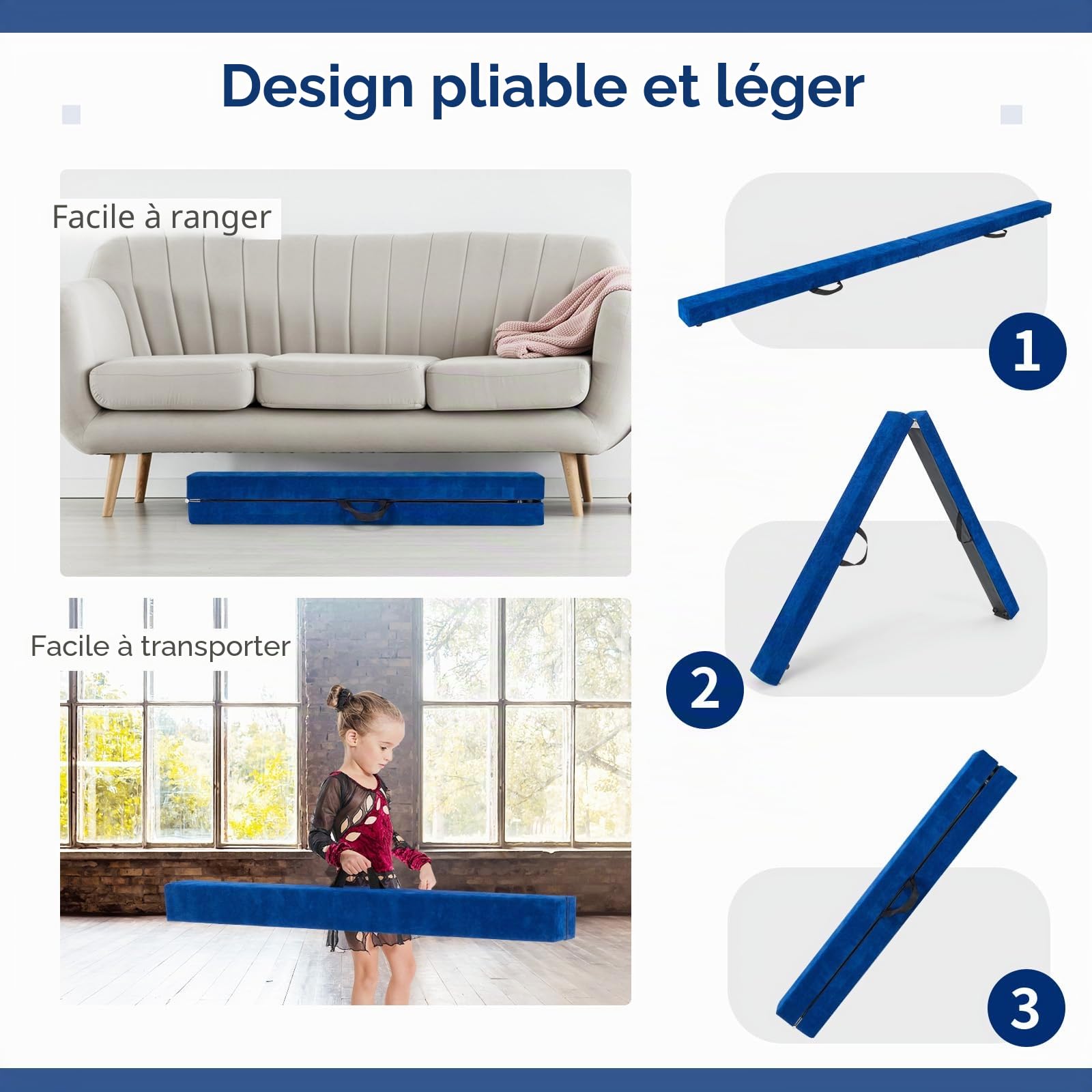 KOMFOTTEU Poutre d'Équilibre Pliable 210 cm, Poutre Gymnastique, Résistante à la Traction pour Enfants & Adultes, Charge jusqu'à 70 kg, Emballage en Velours, Entraînement de Gymnastique