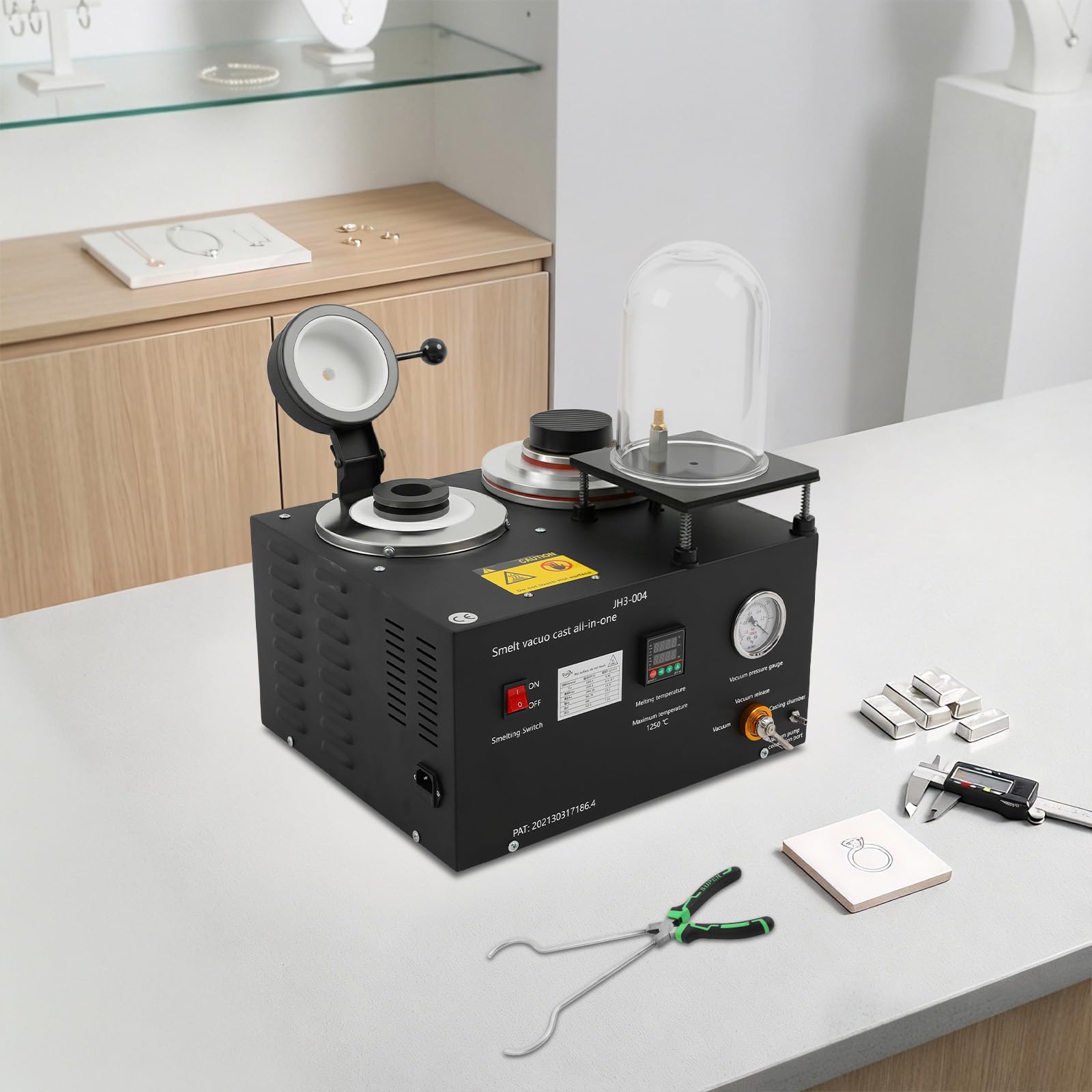 Schmelzofen 2kg, Elektrischer Goldschmelzofen 1500W 220V EU, Vakuumguss- und Schmelzmaschine mit digitaler Anzeige, Hochtemperatur Gusswerkzeug für Edelmetall und Schmuckherstellung