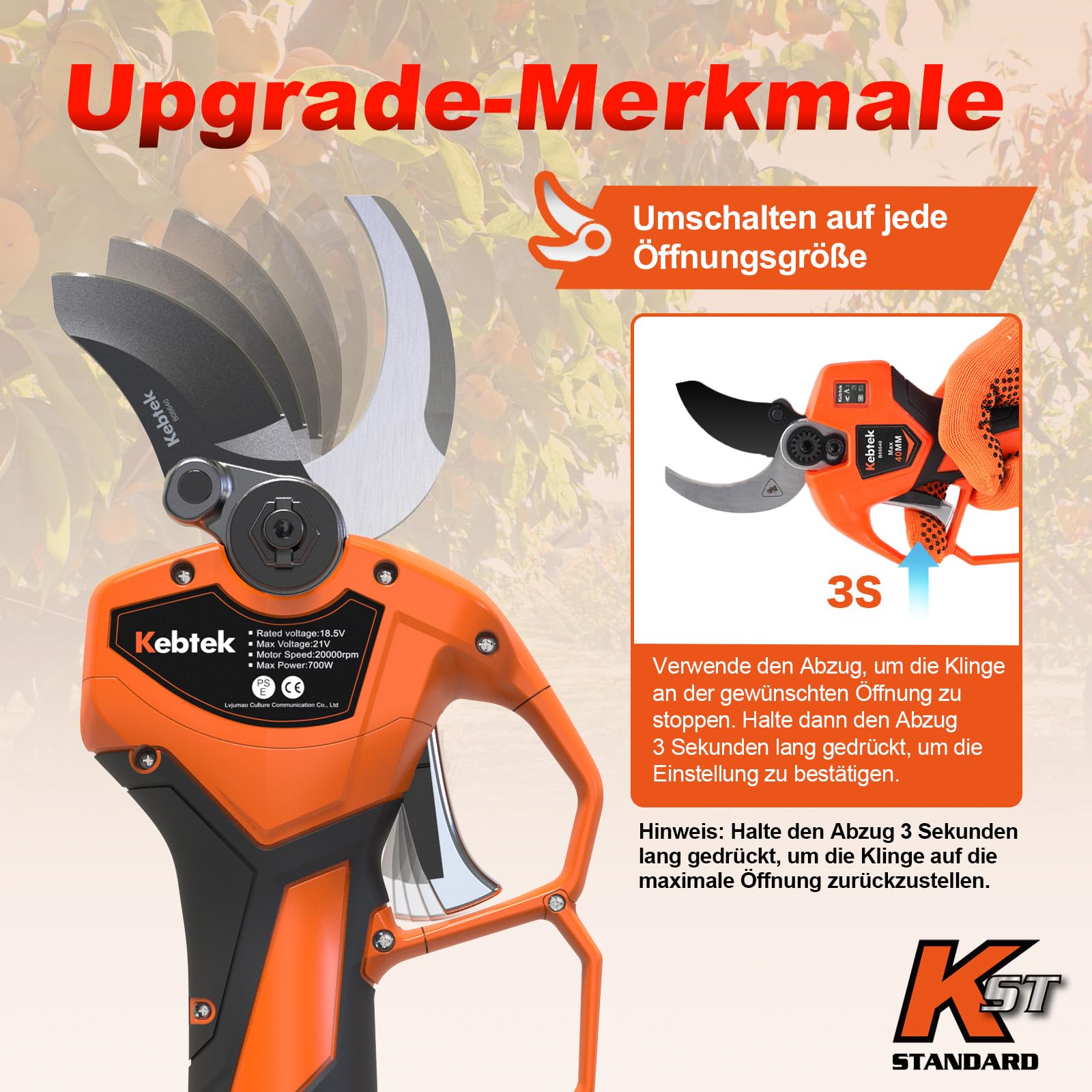 Kebtek Elektrische Gartenschere mit Akku progressive Schnittfunktion 40mm | KST 21V Astschere Akku 1,6Zoll Robust für Obstplantagen und Gartenbau kompatibel mit Makita 18V-Akkus