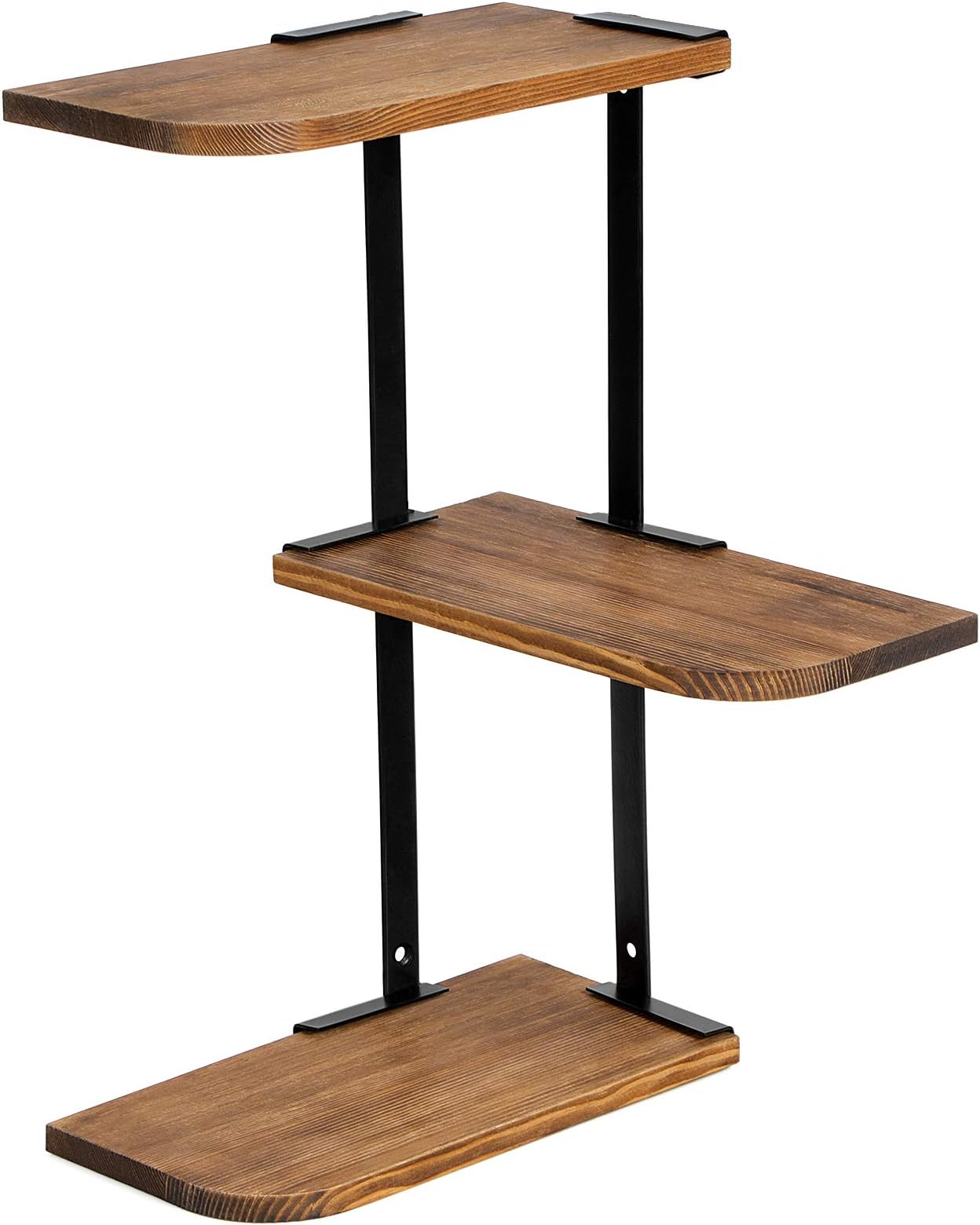 SONGMICS 3-Tier Corner Wall Shelf, Customisable Floating Mount, Rustic Solid Burned Wood and Metal, for Bedroom Living Room Study Kitchen LSN04CB