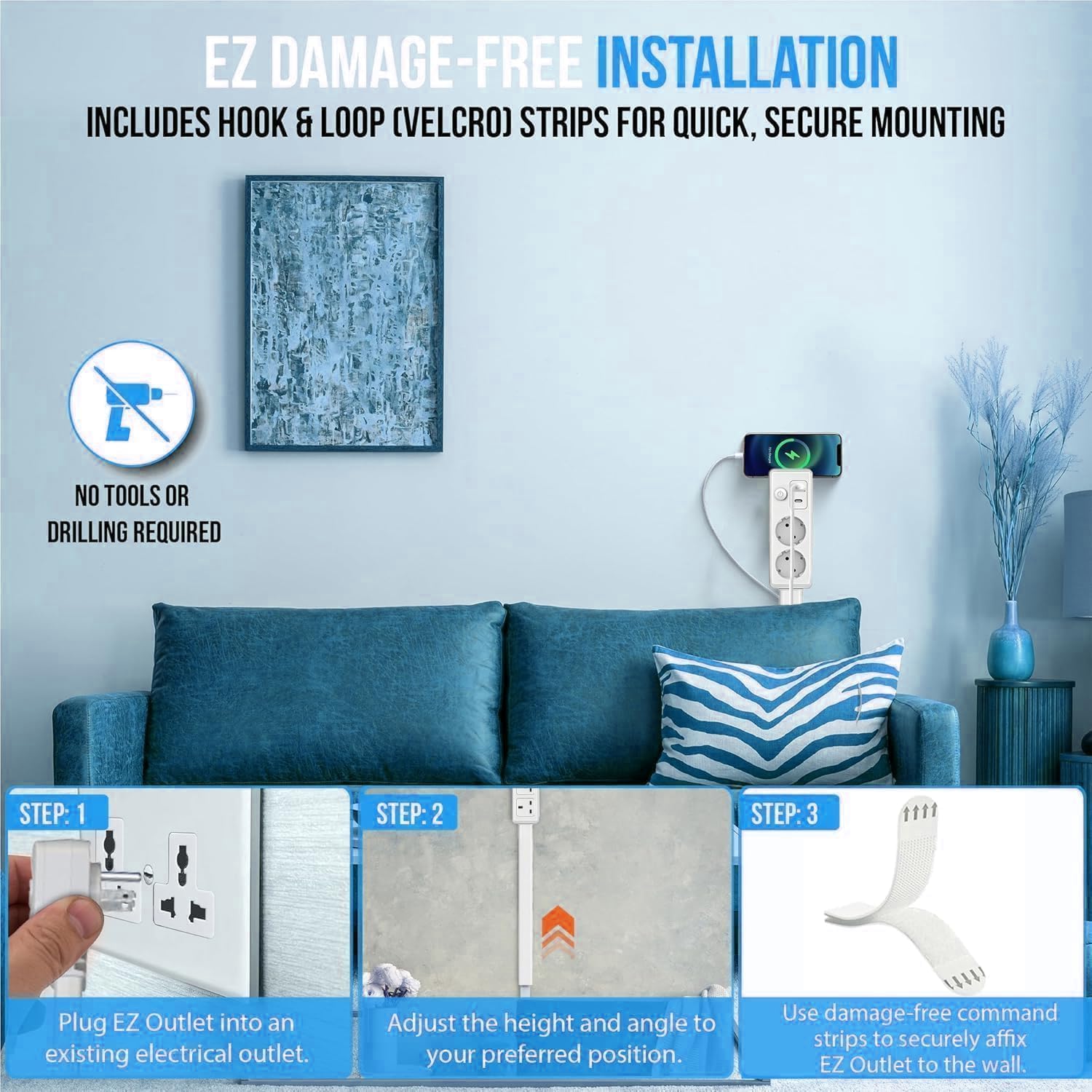 Ciabatta elettrica estensibile girevole con 2 prese UE e porte USB, 48-71 cm per spazi ristretti e dietro mobili