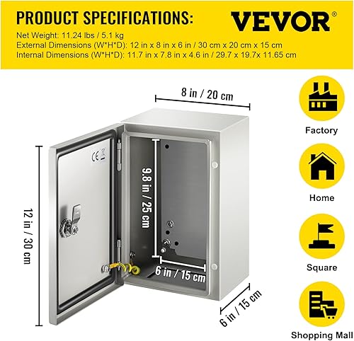 Vista 40 de VEVOR NEMA Caja de acero NEMA, 8 x 8 x 6 pulgadas NEMA 4X Caja eléctrica de acero, IP66 impermeable y a prueba de polvo, caja de conexiones