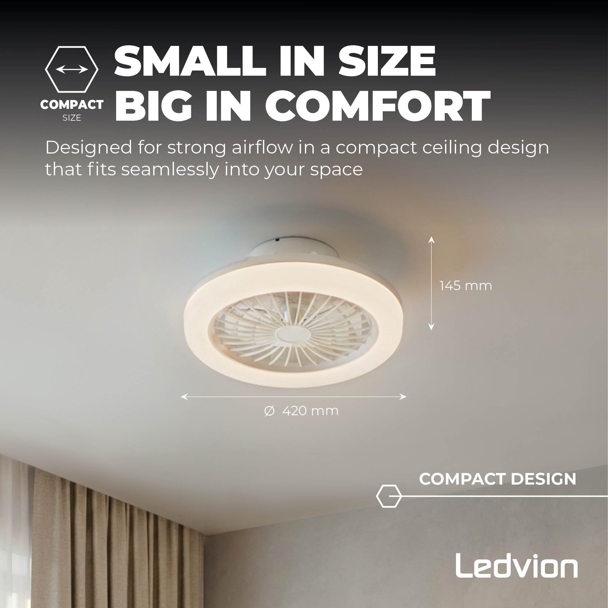 Ledvion - Ventilador de Techo con luz, 42cm, Blanco, 24W, 2500Lm, (2700k/4000K/6000K), 3 temperaturas de luz, 5 velocidades, Temporizador, Mando, Verano-Invierno