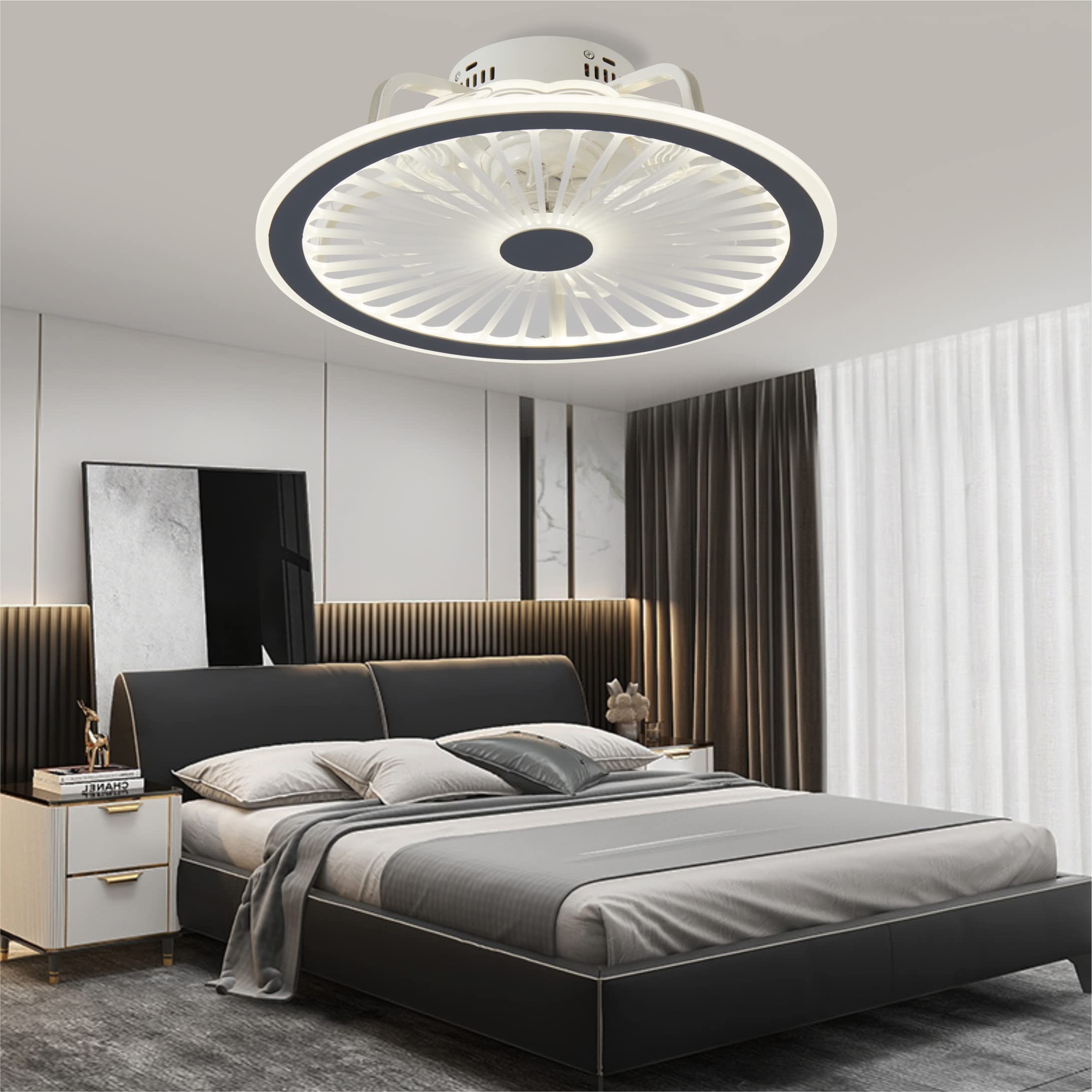 CHANFOK Ceiling Fan with Lights and Remote, Modern Indoor Flush Mount Ceiling Fan with Remote Control LED Dimming Multi-Speed Invisible Blades Timing 19" (Grey)
