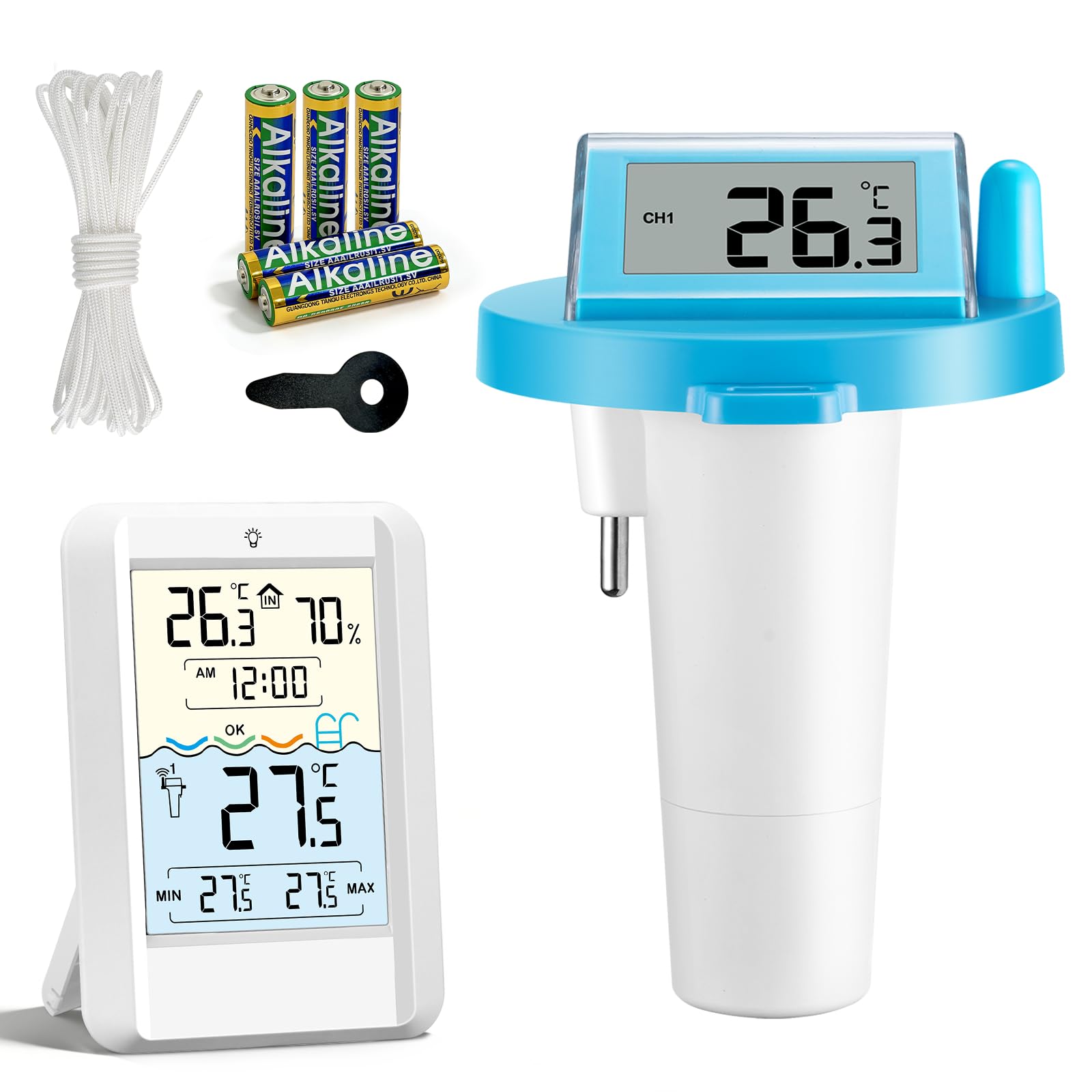 TEOV Thermomètre de Piscine Sans Fil avec Écran LCD Rétroéclairé, Capteur Solaire IP68, Portée 70m, Suivi Température et Humidité Intérieure, Alerte Confort, pour Spa, Piscine, Aquarium, Bassin