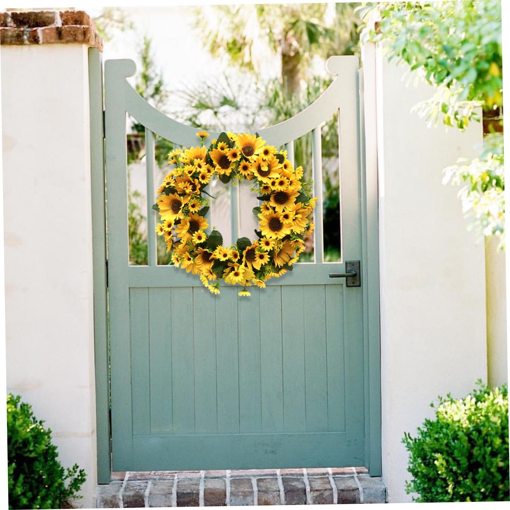 Corona de Verano, Girasol Amarillo, Hojas Verdes, Guirnalda de Flores Artificiales para Puerta Delantera, 40cm para Fiesta