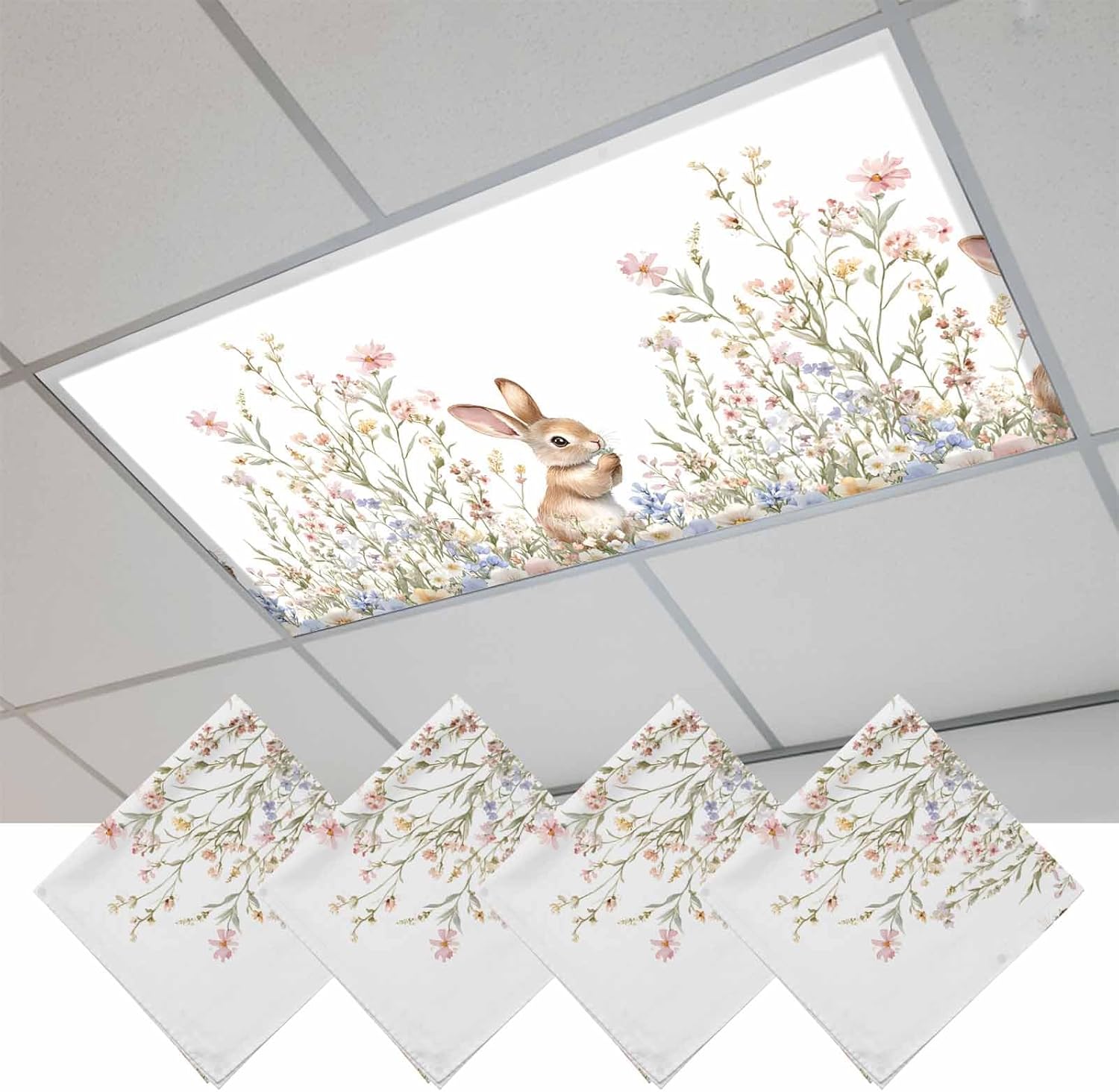 2x4 ft Fluorescent Light Cover for Ceiling Garden Floral Easter Bunny Magnetic Light Filters, Colorful Flower Spring Plant Ceiling Lampshades for Home School Office 4Pcs