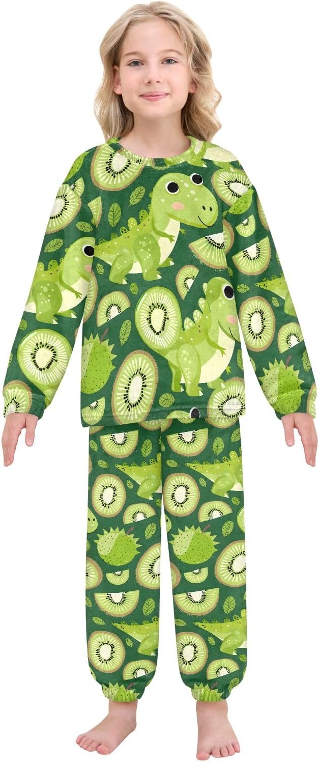 Kids Flannel Sets Dinosaur Kiwi Fruit Cartoon Hand Drawn Style Warm Plush Relaxed Clothing for Boys and Girls