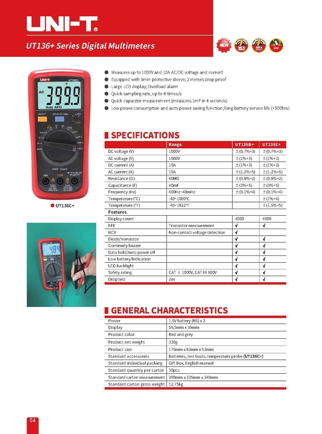 UNI-T UT136C+ Multimeter Digital multimeter tester AC DC Voltmeter Ammeter Ohm capacitance HFE Diode/transistor tester