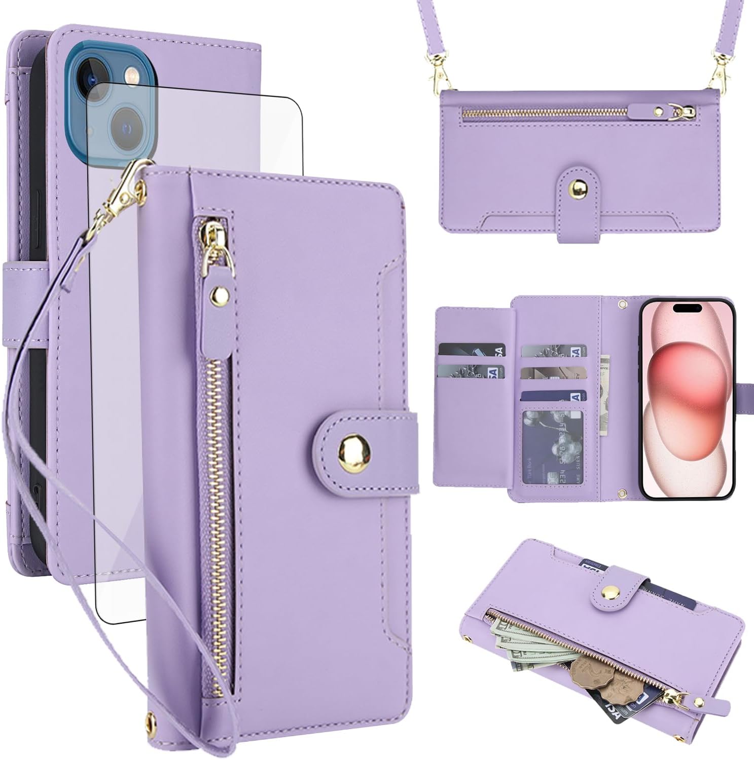 Asuwish Phone Case for iPhone 15 Plus 6.7 inch Zipper Wallet Cell Cover, with Tempered Glass Screen Protector and Crossbody Strap, Credit Card Holder i Phone15 15+ i15 + 15Plus Women Light Purple