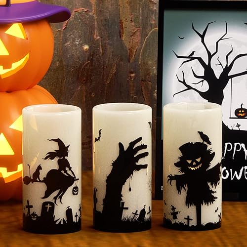 Miniatura 4 de Eldnacele Juego de 3 velas parpadeantes de Halloween que funcionan con pilas, decoración espeluznante de terror