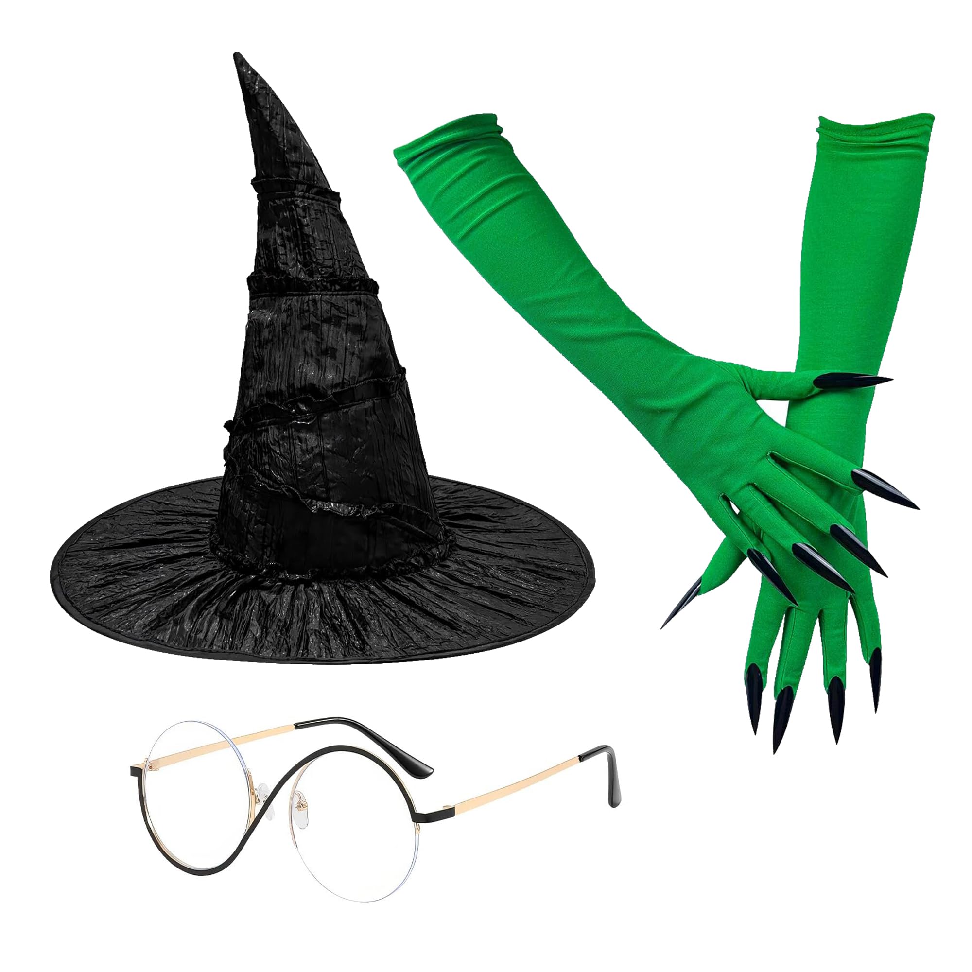 HeHeGe 3 Pcs Halloween Witch Elphaba Costume Accessories, Black Witchy Hat Elphie Glasses Green Gloves for Women Cosplay Dress Up
