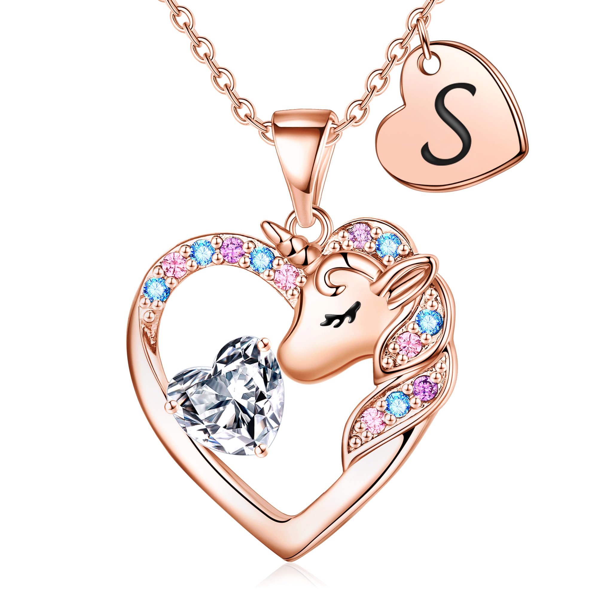 TINGN Einhorn Geschenke für Mädchen - Einhorn Halskette für Mädchen 14 Karat Vergoldet Einhorn Kette Kinder Herz Halskette mit Buchstaben Kette Mädchen Schmuck Geburtstagsgeschenk für Tochter