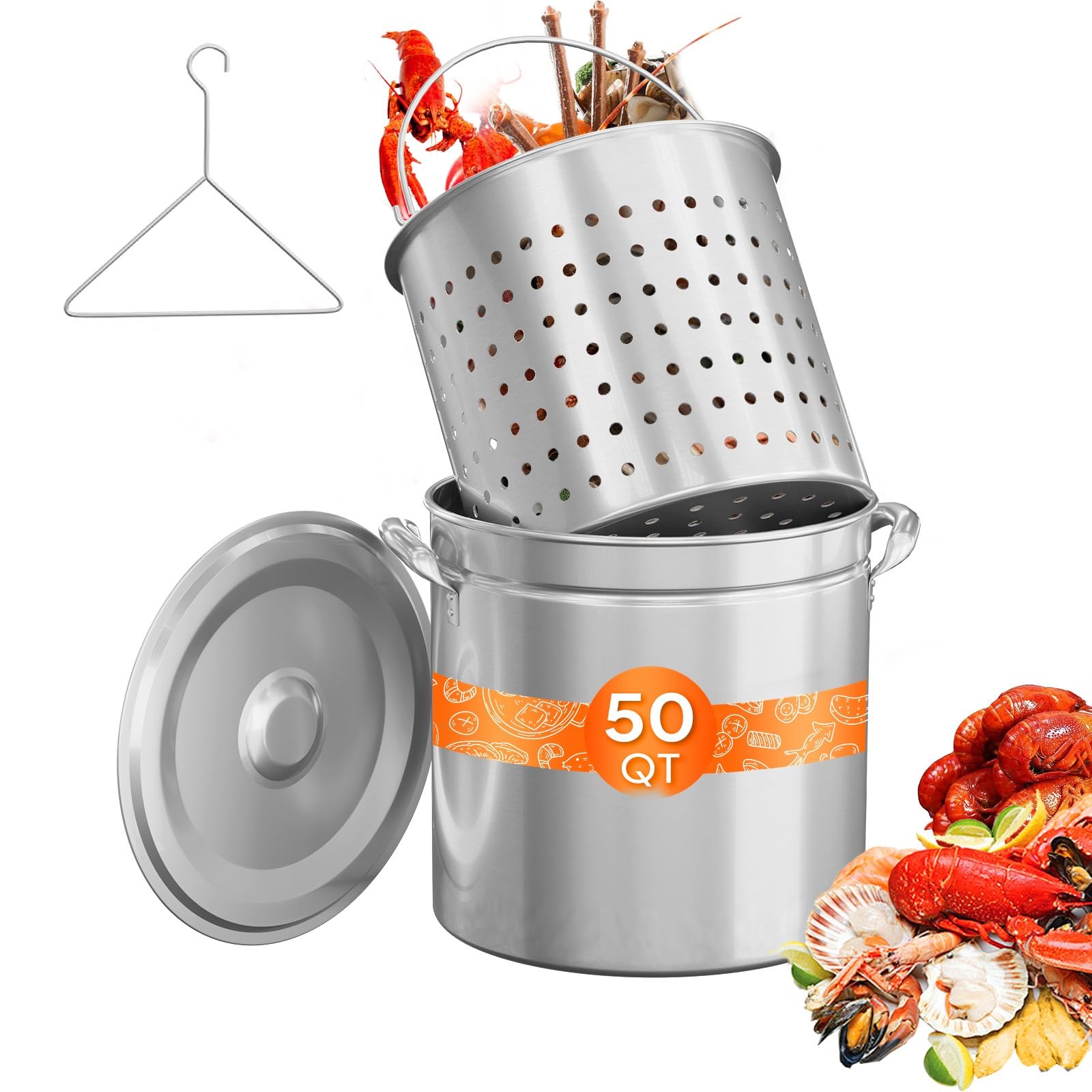 ROVSUN 50QT Stainless Steel Seafood Boil Pot With Strainer Basket, Lid &amp; Hook, Versatile Stock for Crab, Lobster, Shrimp Boiling, Heavy-Duty Turkey Fryer for Outdoor Cooking &amp; Gatherings