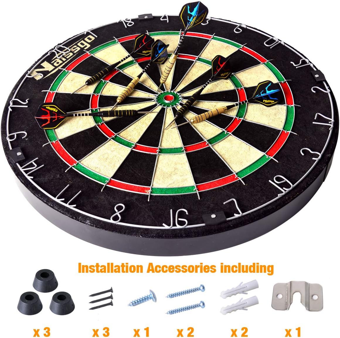 Naissgo Professional Dart Board Set - Bristle Dartboard with Round Metal Wire + 6 Steel Tip Darts : Sports & Outdoors