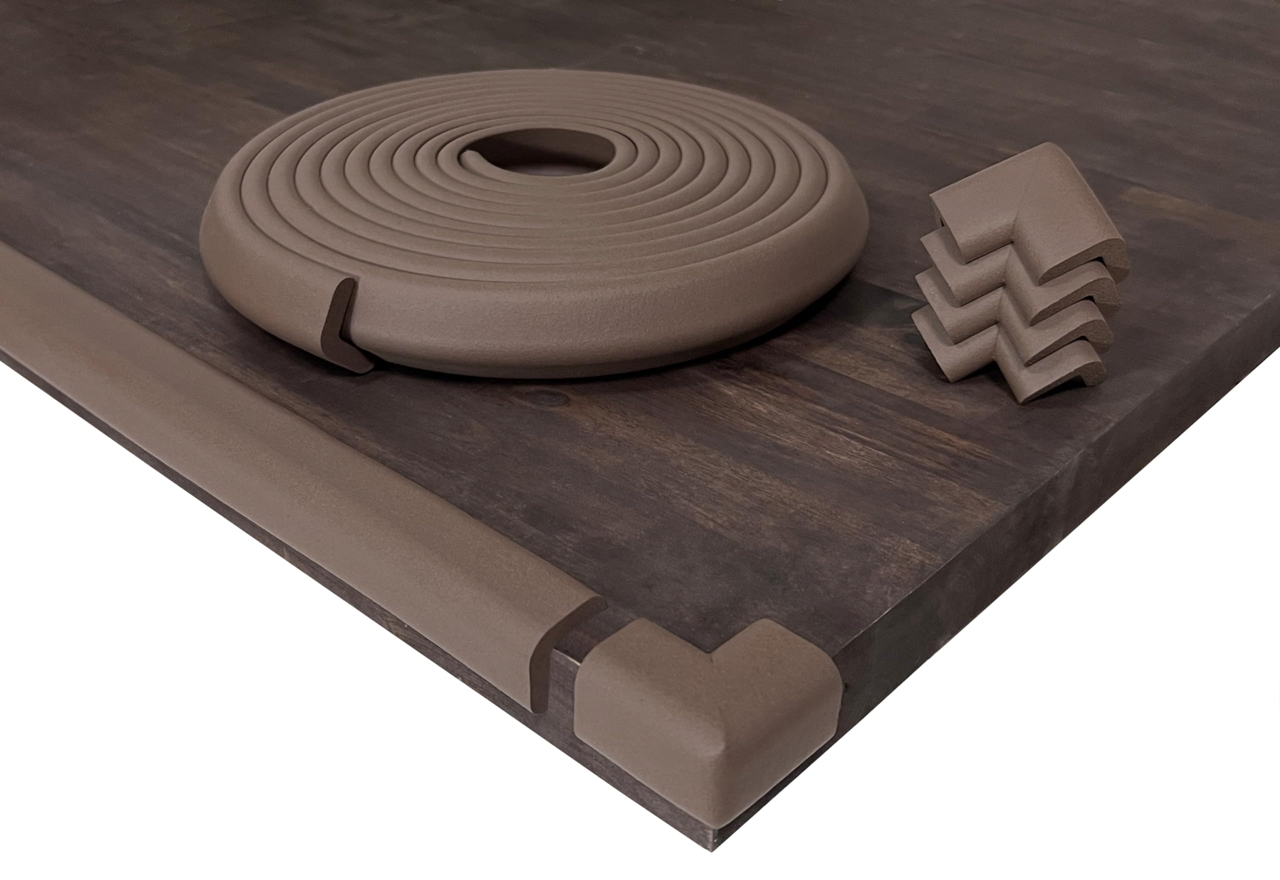 KidKusion Table Cushion | Made in USA | 16 Feet Edge + 4 Corners | Brown | Baby Proof Furniture Edge and Corner Guards