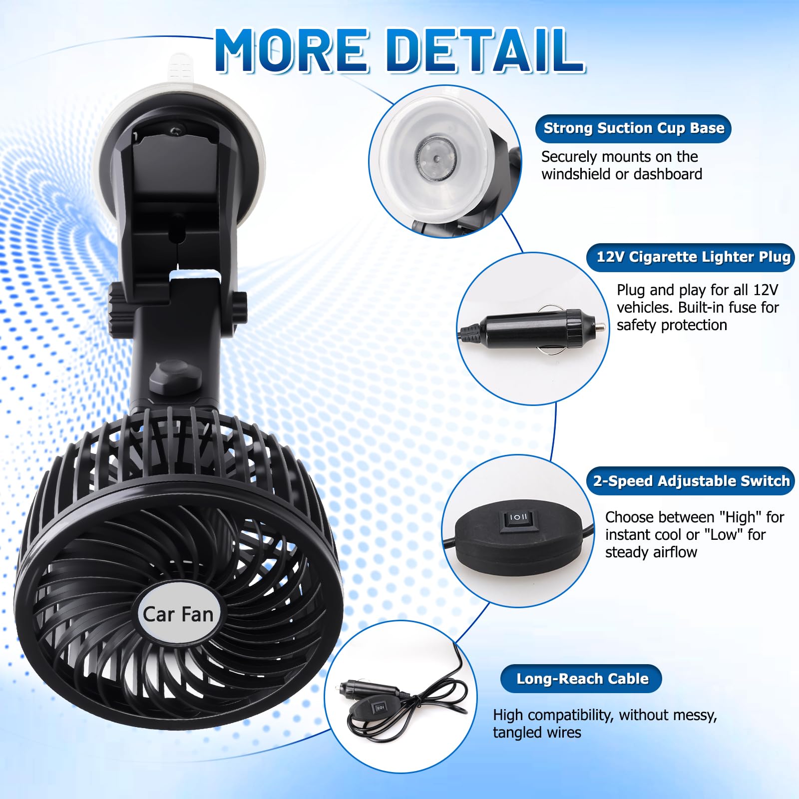 D-Lumina Ventilateur de voiture rotatif à 360°, montage sur allume-cigare, portable, silencieux, avec 2 vitesses réglables pour camions, bateaux, voitures, véhicules (ventouse), climatiseur d'air pour
