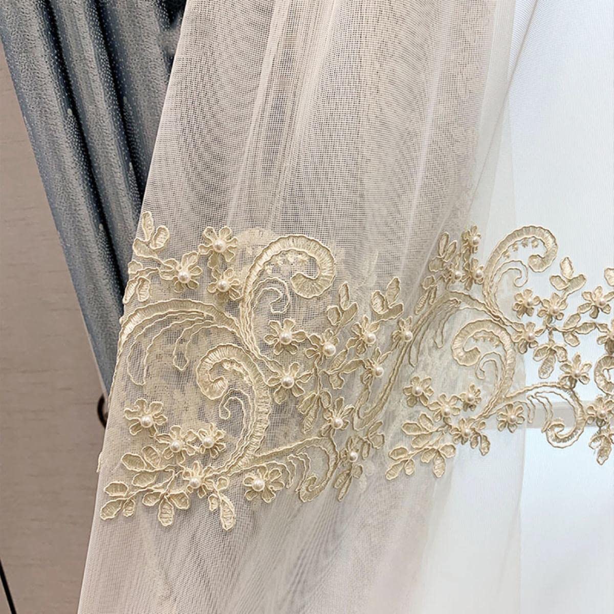 Luxus-Perlen bestickte Tüllvorhänge für Wohnzimmer, Blumen, Seil, Stickerei, Gaze, Fenstervorhänge für Schlafzimmer, beige Tüll, 1 Stück B 600 x H 260 cm, Stoff (kein Nähen)
