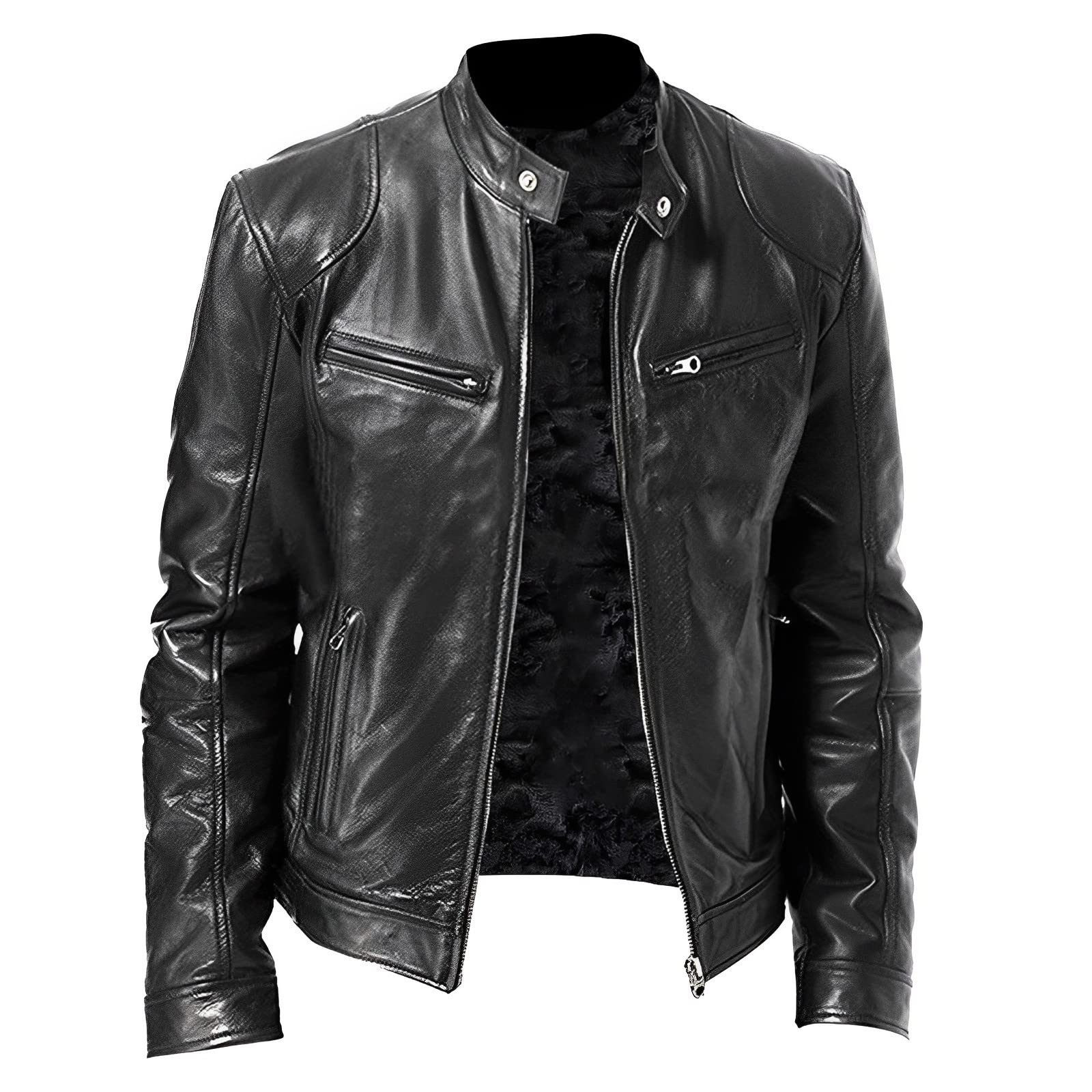 Generisch Laufjacke Herren Atmungsaktiv Reißverschluss Kunstleder Bikerjacke Langarm Jacke Laufsport Herren (Black, XXL)