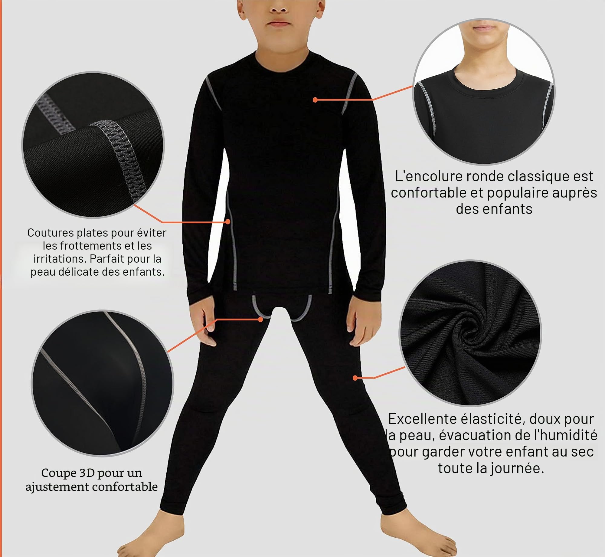 1 Ensemble Ensembles Thermiques Enfant Haut Manches Longues & Legging sous-vêtements Techniques Garçon et Fille Séchage Rapide