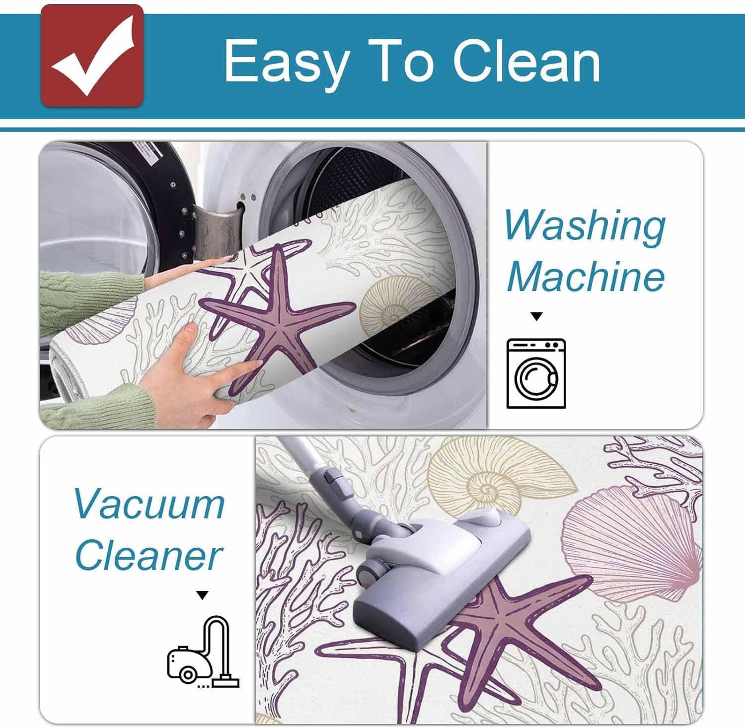Ocean Marine Life Kitchen Mat Set 2 Pieces Nautical Coastal Sea Purple Yellow Starfish Coral Shell Non Slip Kitchen Rugs Washable Runner Mats for Floor Sink Laundry Office 19.7" x 31.5"+19.7" x 47.2"
