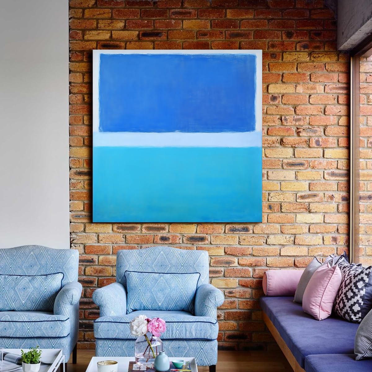 Via Vela Ciel bleu vif Toile océanique Art mural Peinture murale abstraite moderne Tonalité Horizon côtière Affiche pour salon Chambre décoration intérieure 80x80cm