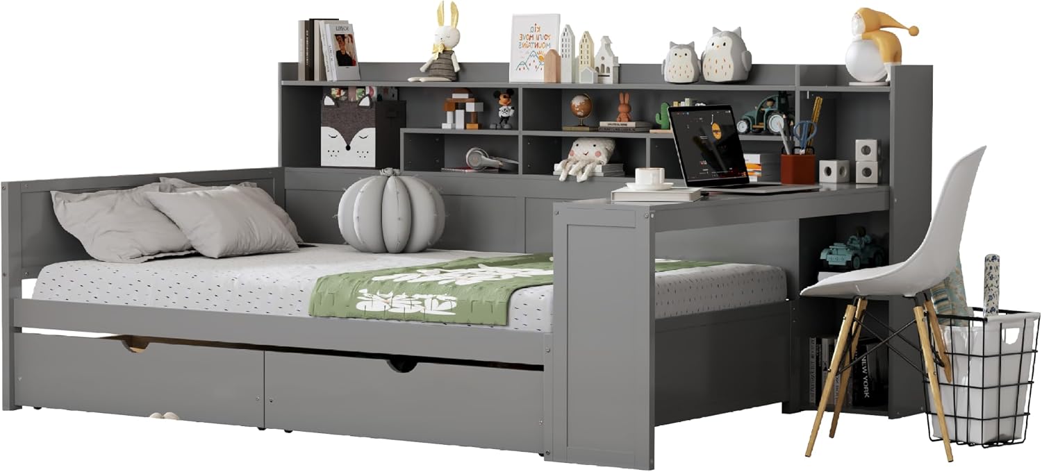Full Size Daybed with Desk,Storage Drawers and Shelves, Pine Wood Captains Bed Frame with Bookcase and Headboard for Kids Boys Girls Teens, Gray