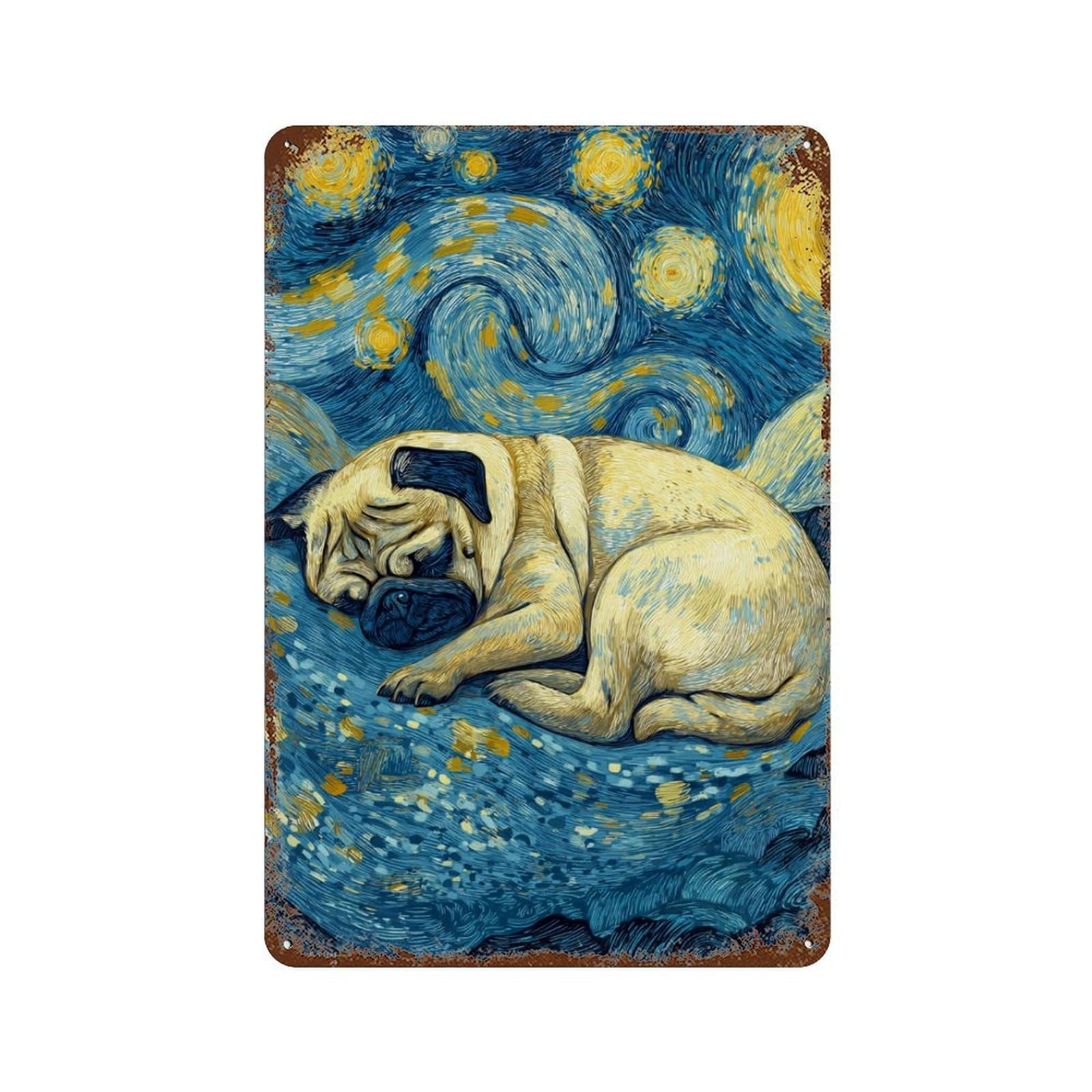 Starry Night Pug Vintage Metal Tin Sign 11.8"x7.9", Ideal for Living Room, Hallway And Home Decor