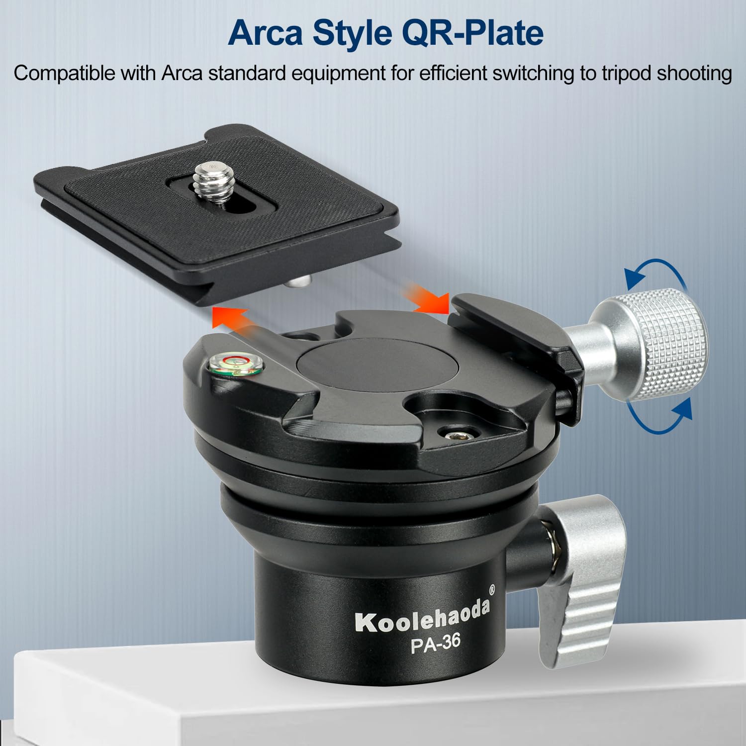 Koolehaoda Base de nivellement de la tête de trépied, niveau de caméra en aluminium, demi-boule d'inclinaison de 15°, avec plaque de dégagement rapide Arca de 6,35 mm pour appareil photo reflex